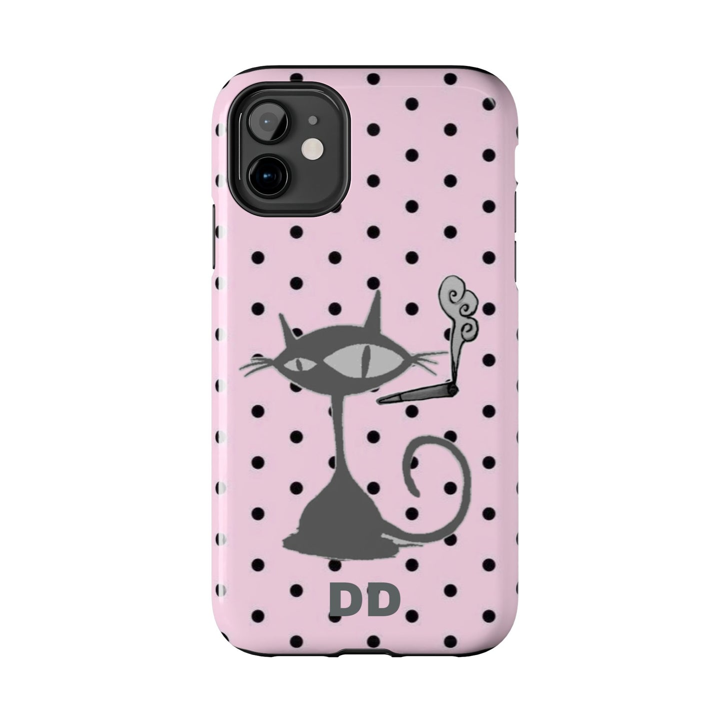 Le Cat Phone Case in Pink & Black Polka Dots