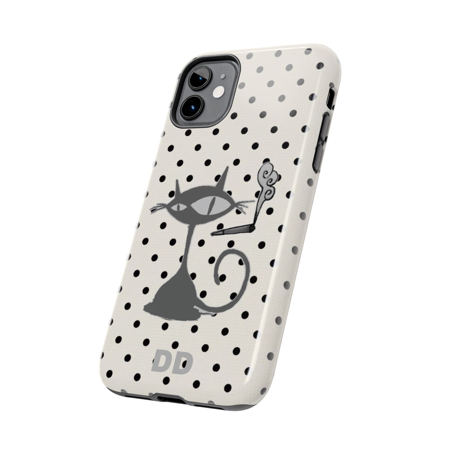 Le Cat Phone Case in Cream & Black Polka