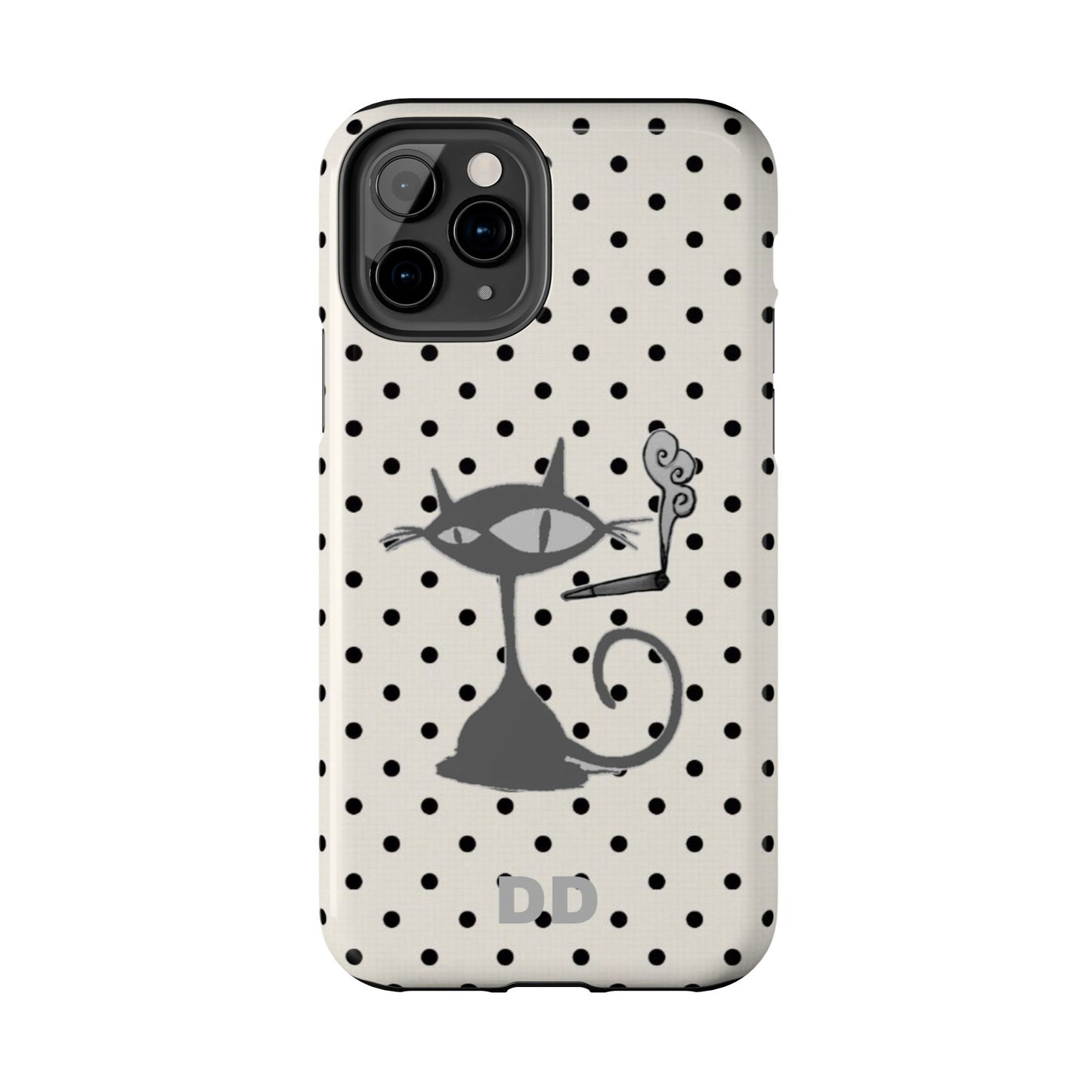 Le Cat Phone Case in Cream & Black Polka
