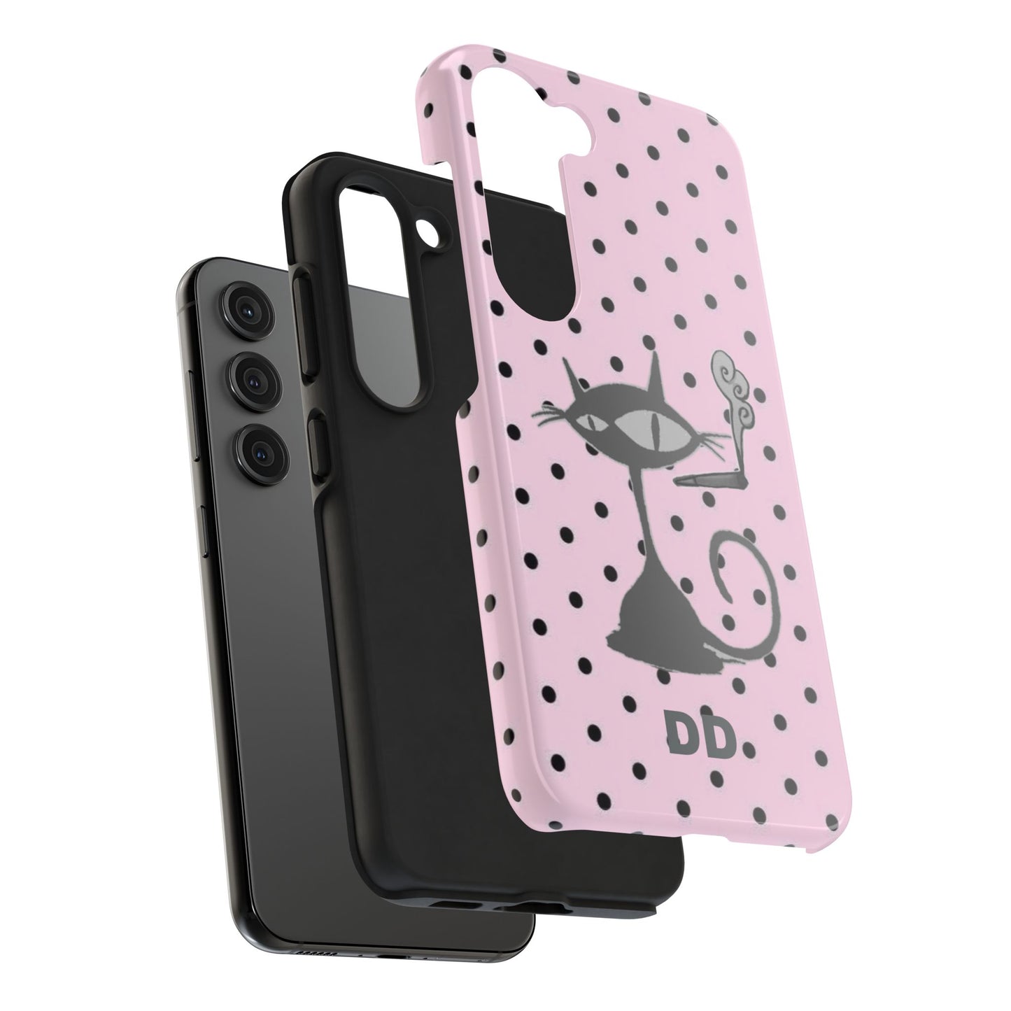 Le Cat Phone Case in Pink & Black Polka Dots
