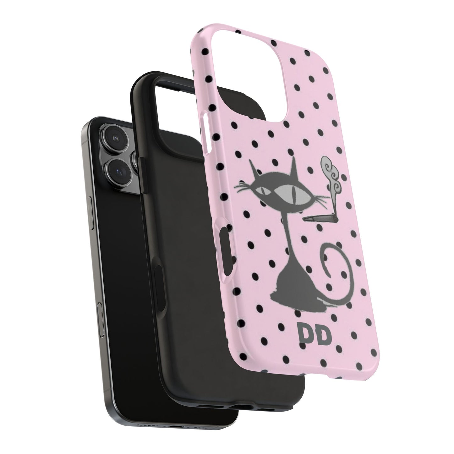 Le Cat Phone Case in Pink & Black Polka Dots