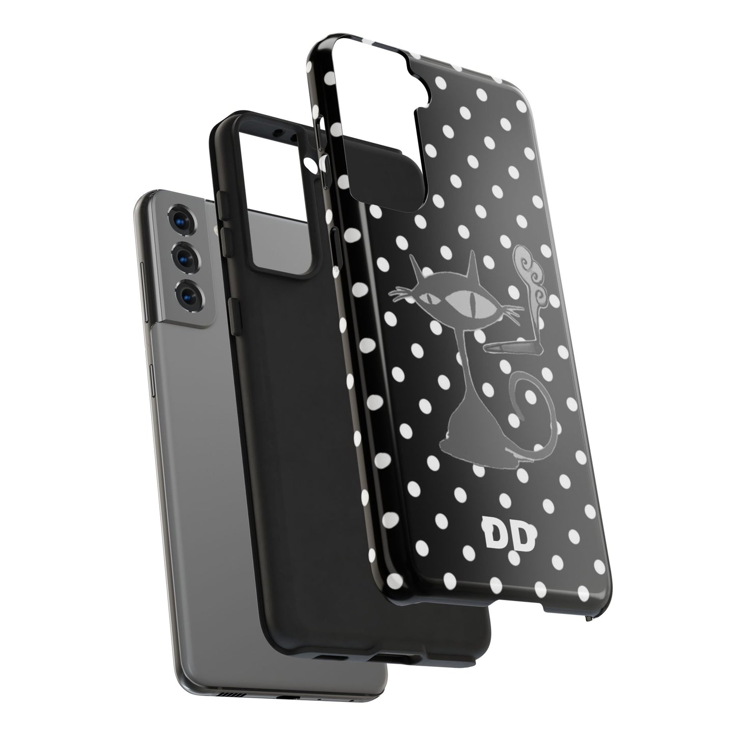 Le Cat Phone Case in Black & White Polka Dots