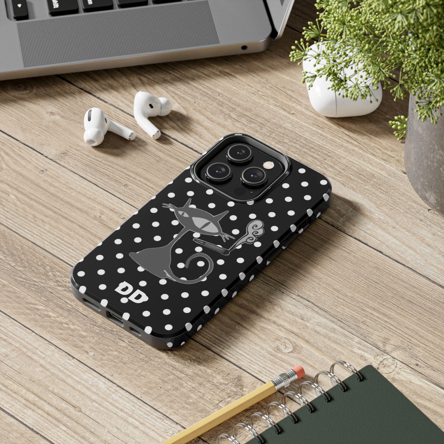 Le Cat Phone Case in Black & White Polka Dots