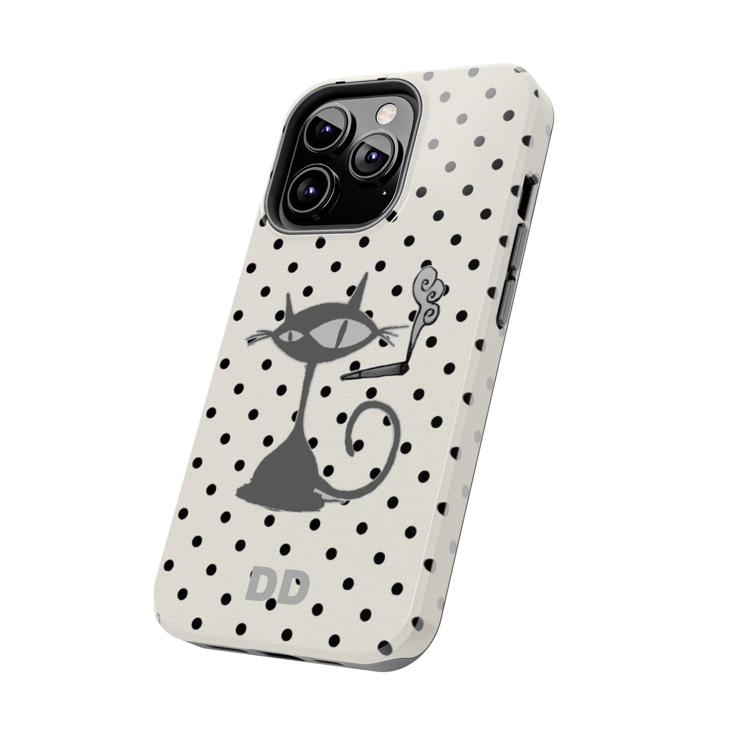 Le Cat Phone Case in Cream & Black Polka