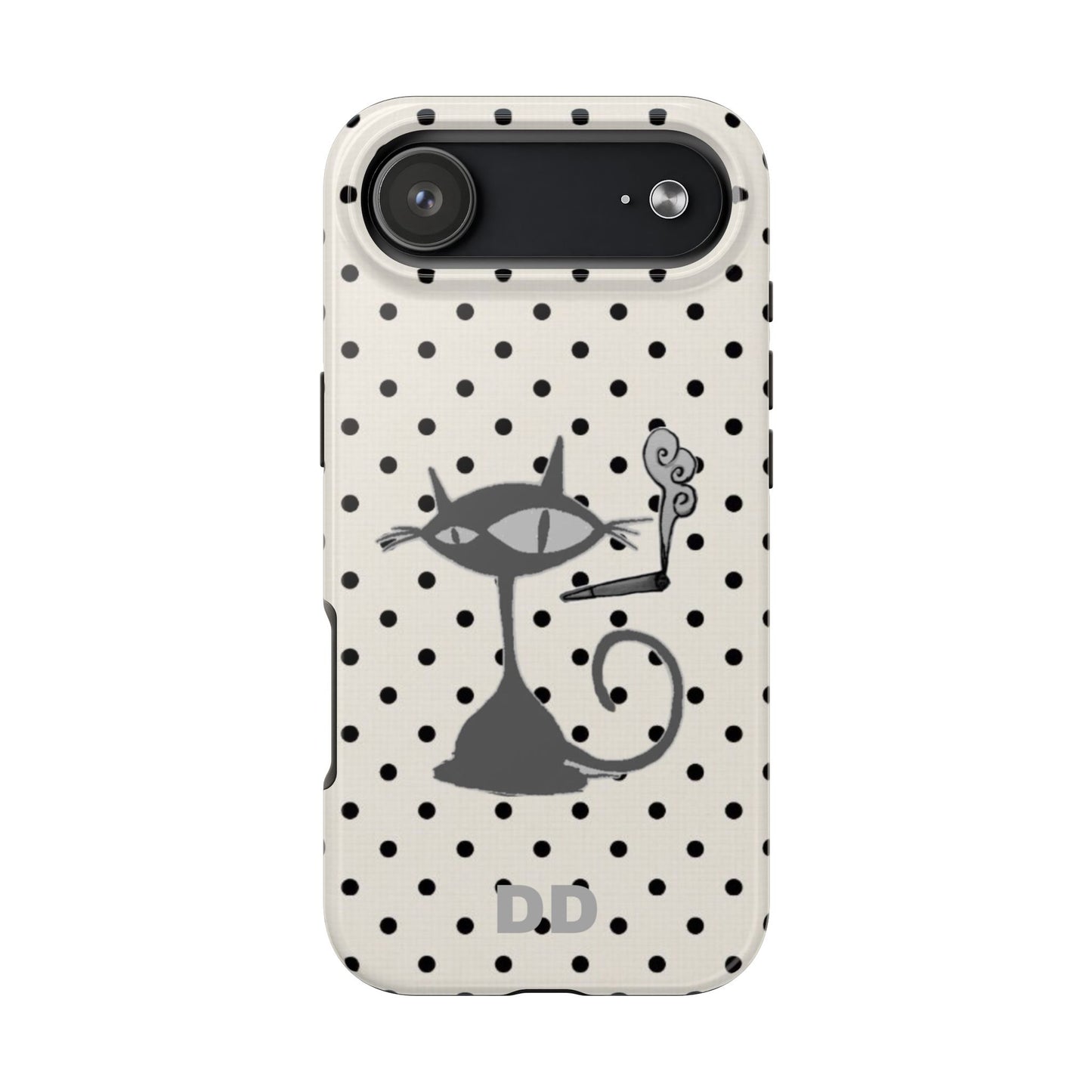 Le Cat Phone Case in Cream & Black Polka