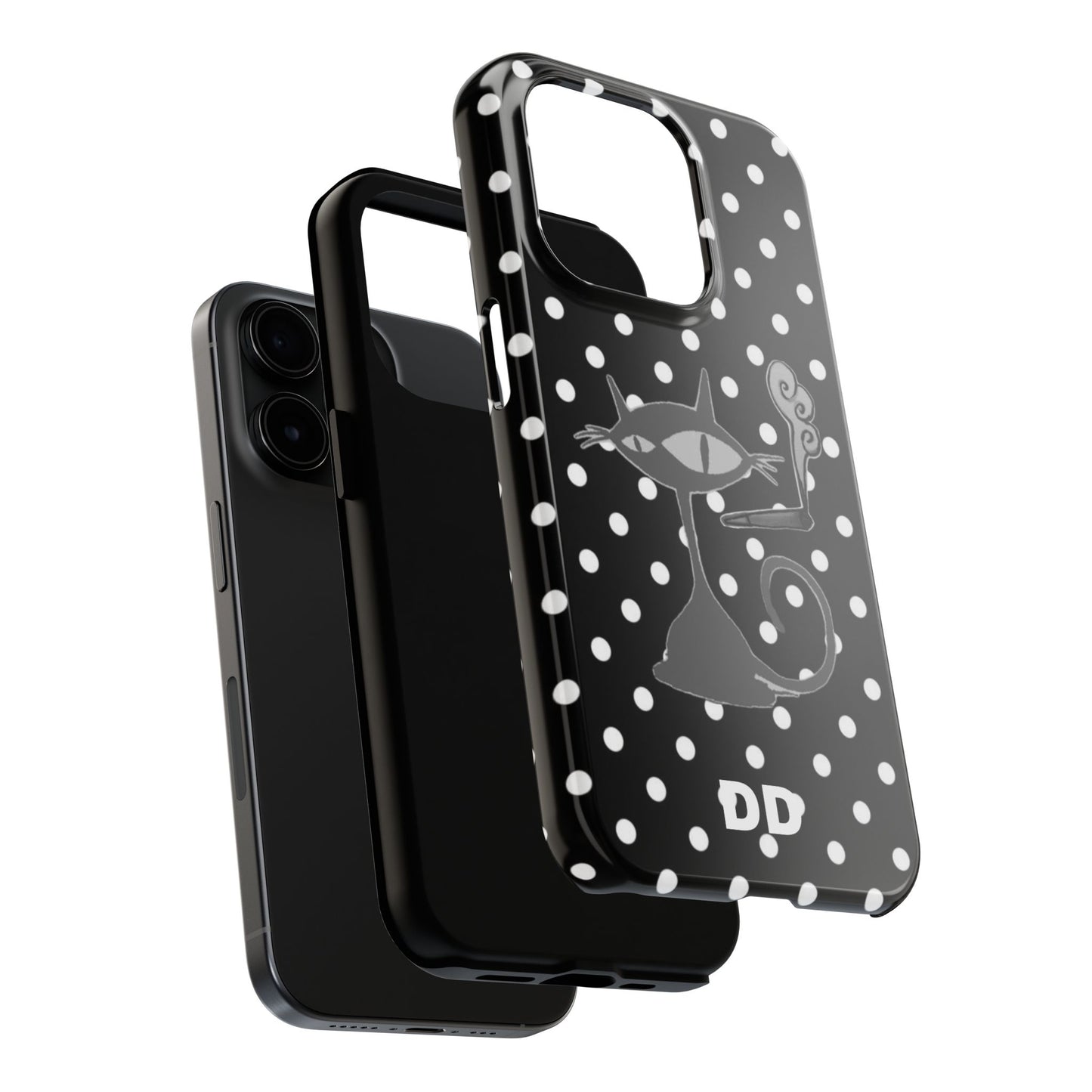 Le Cat Phone Case in Black & White Polka Dots