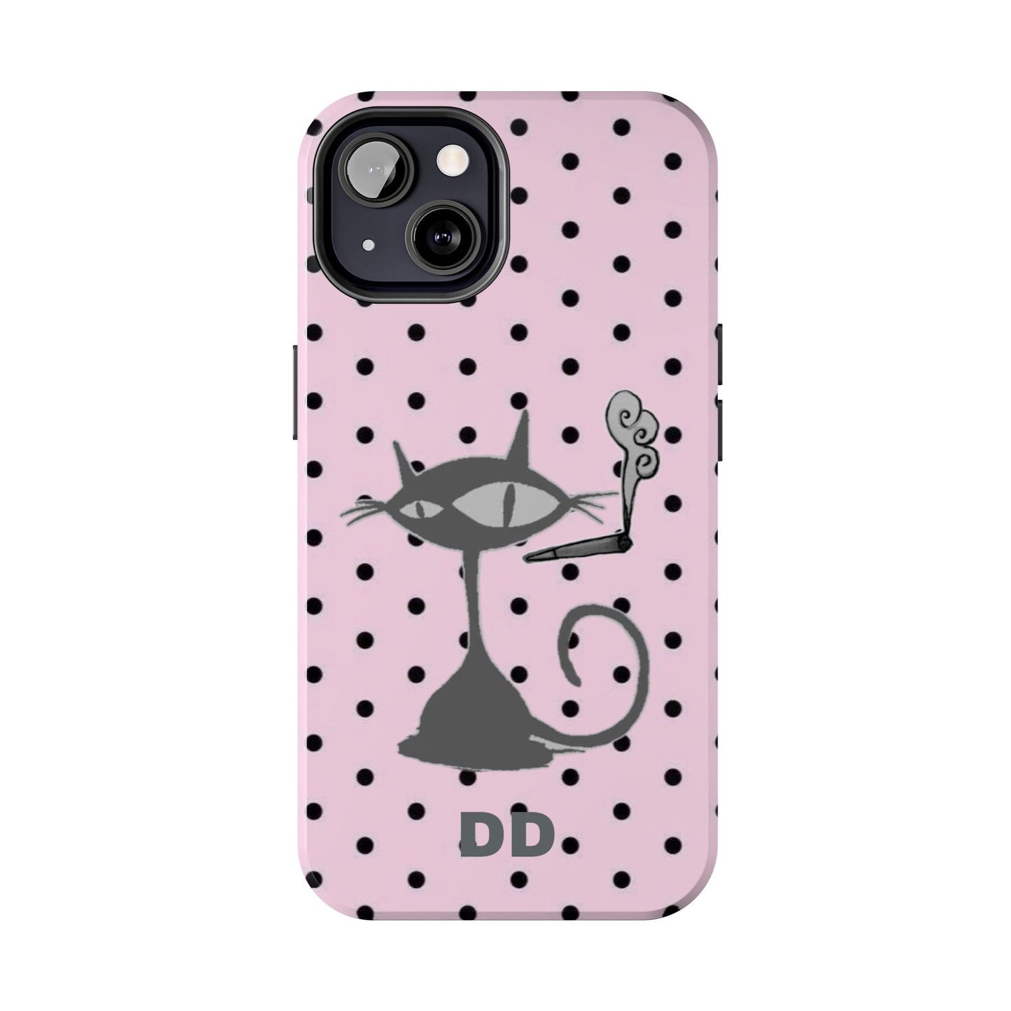 Le Cat Phone Case in Pink & Black Polka Dots
