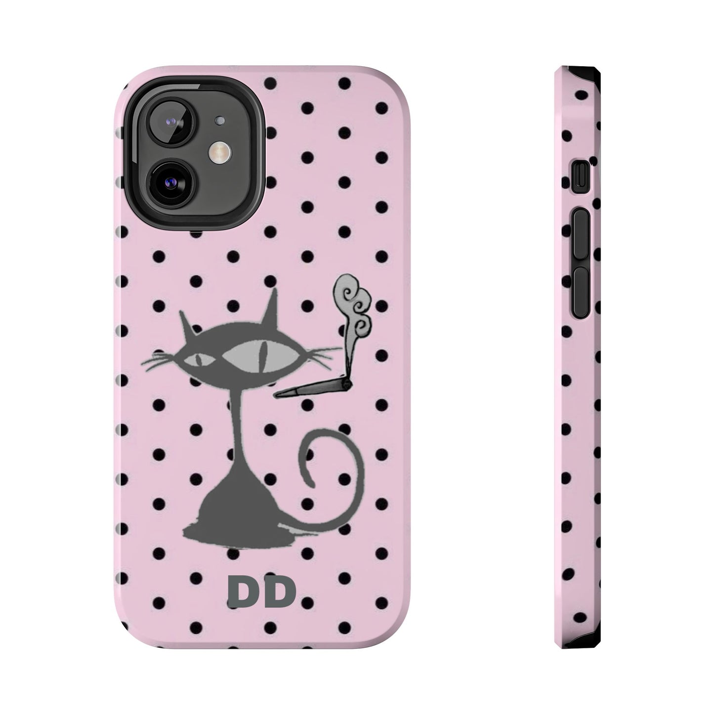Le Cat Phone Case in Pink & Black Polka Dots