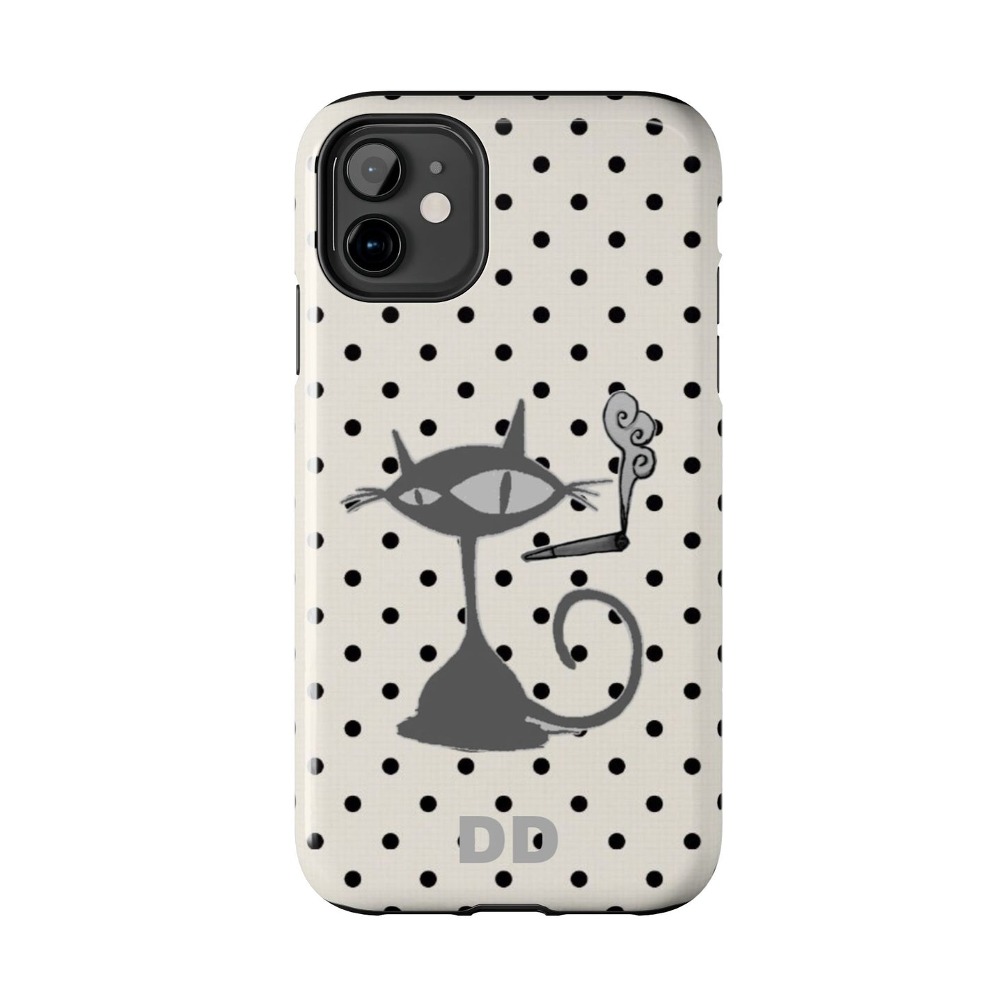 Le Cat Phone Case in Cream & Black Polka