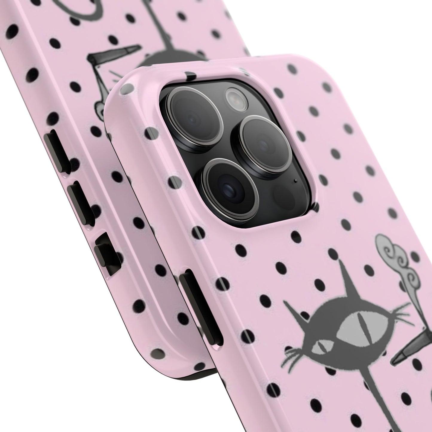 Le Cat Phone Case in Pink & Black Polka Dots