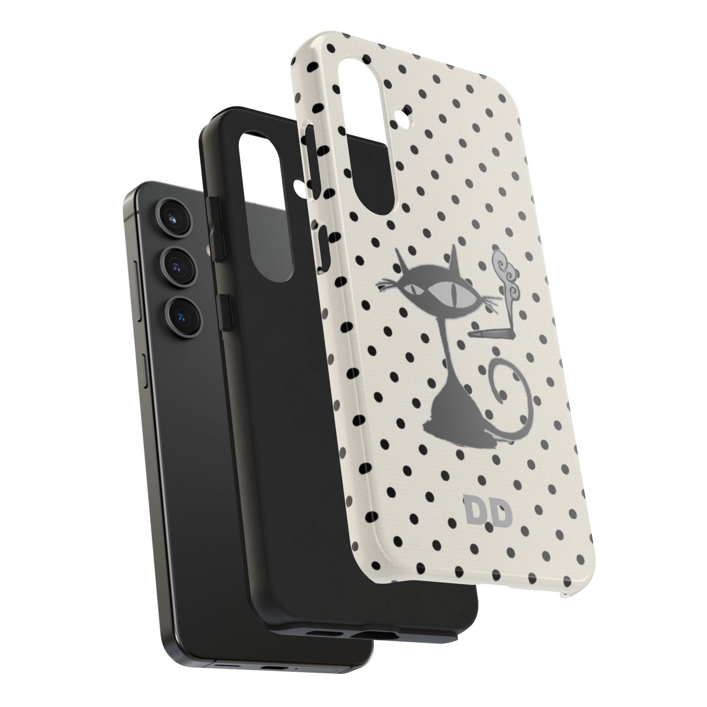 Le Cat Phone Case in Cream & Black Polka