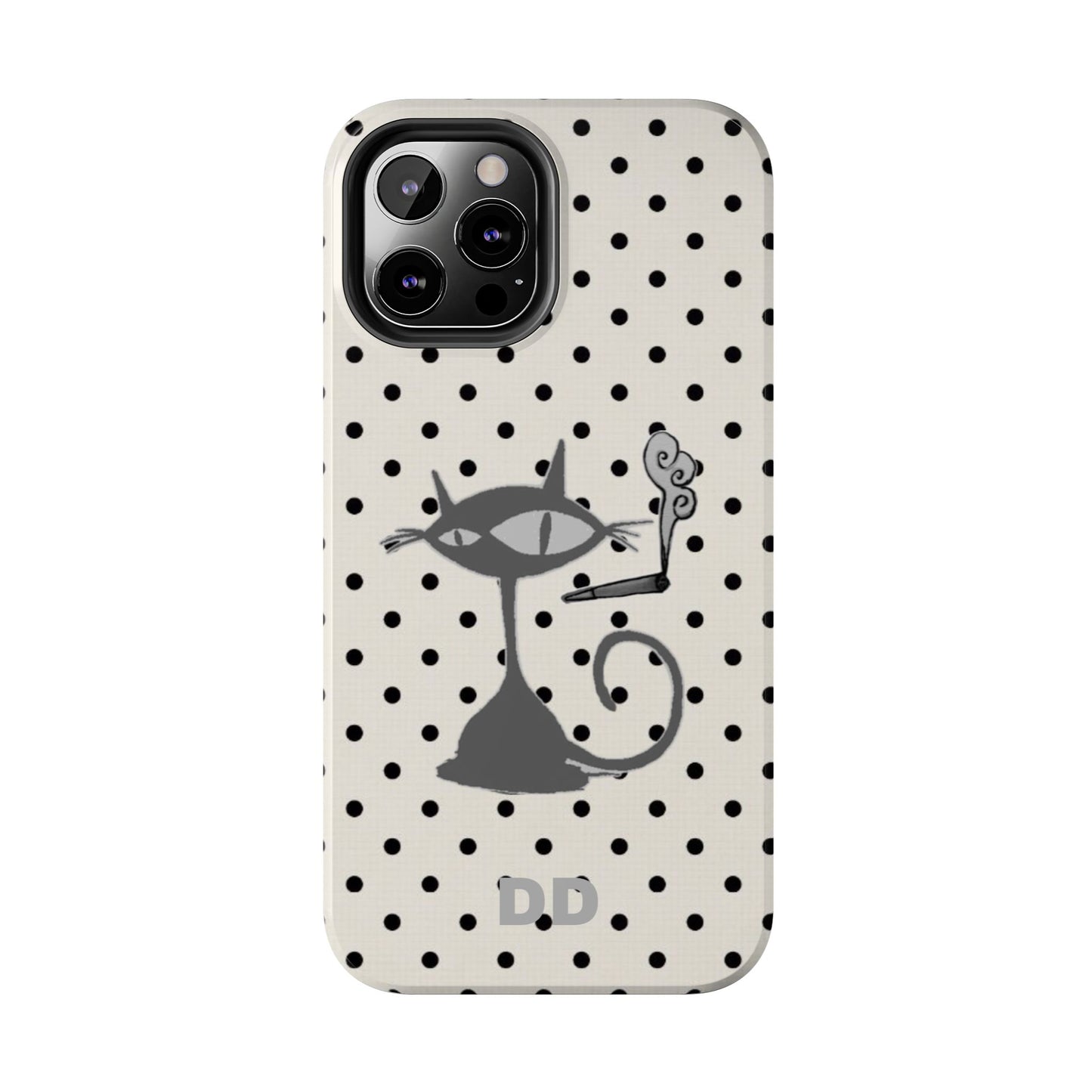 Le Cat Phone Case in Cream & Black Polka