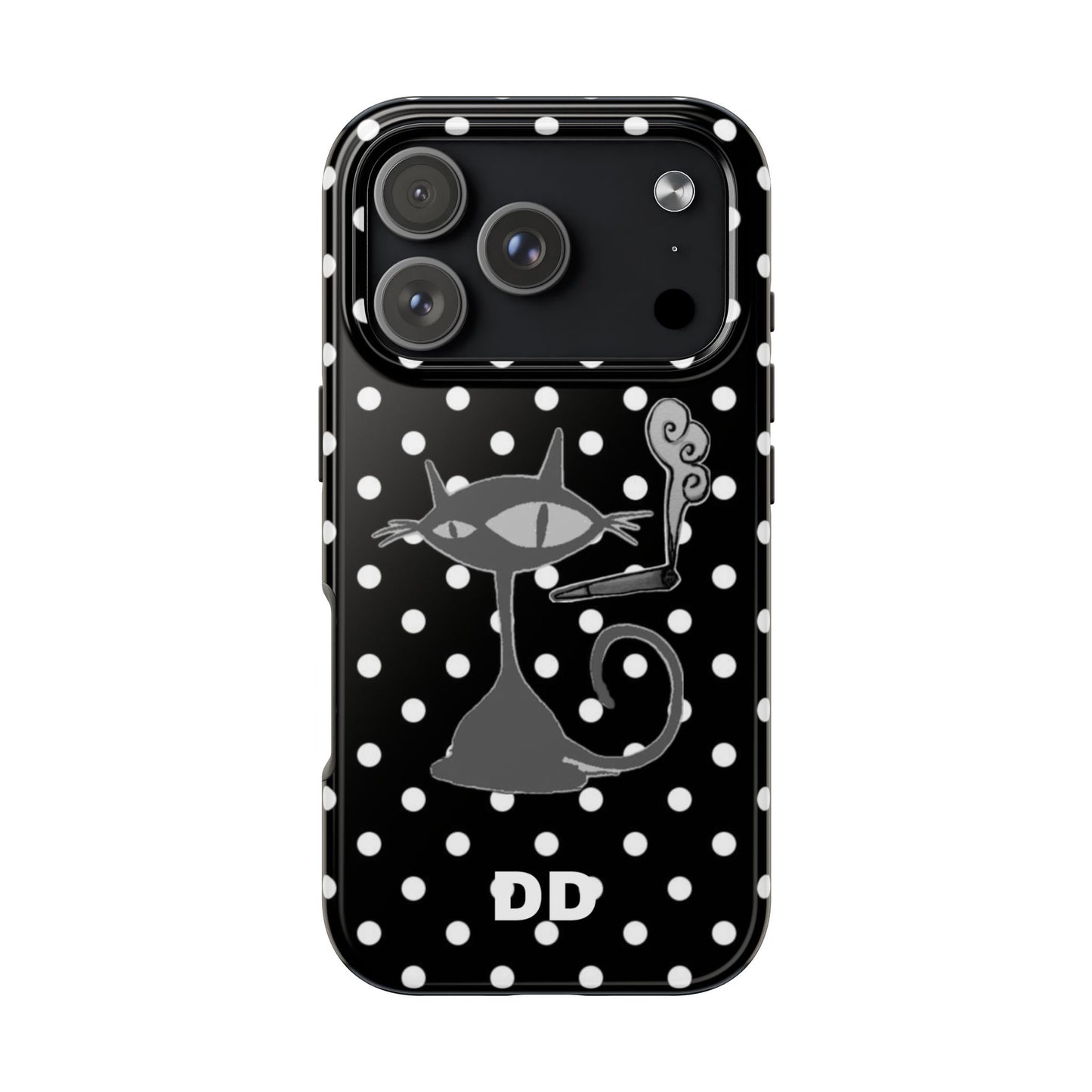 Le Cat Phone Case in Black & White Polka Dots