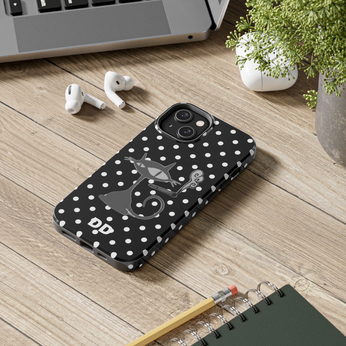 Le Cat Phone Case in Black & White Polka Dots