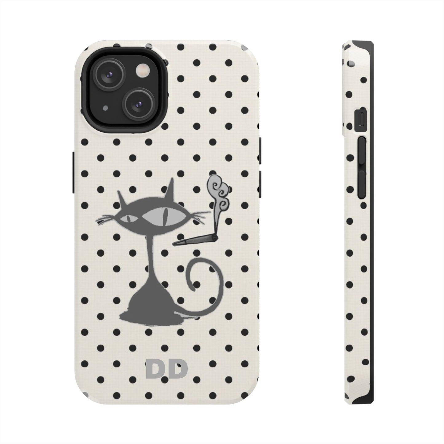 Le Cat Phone Case in Cream & Black Polka