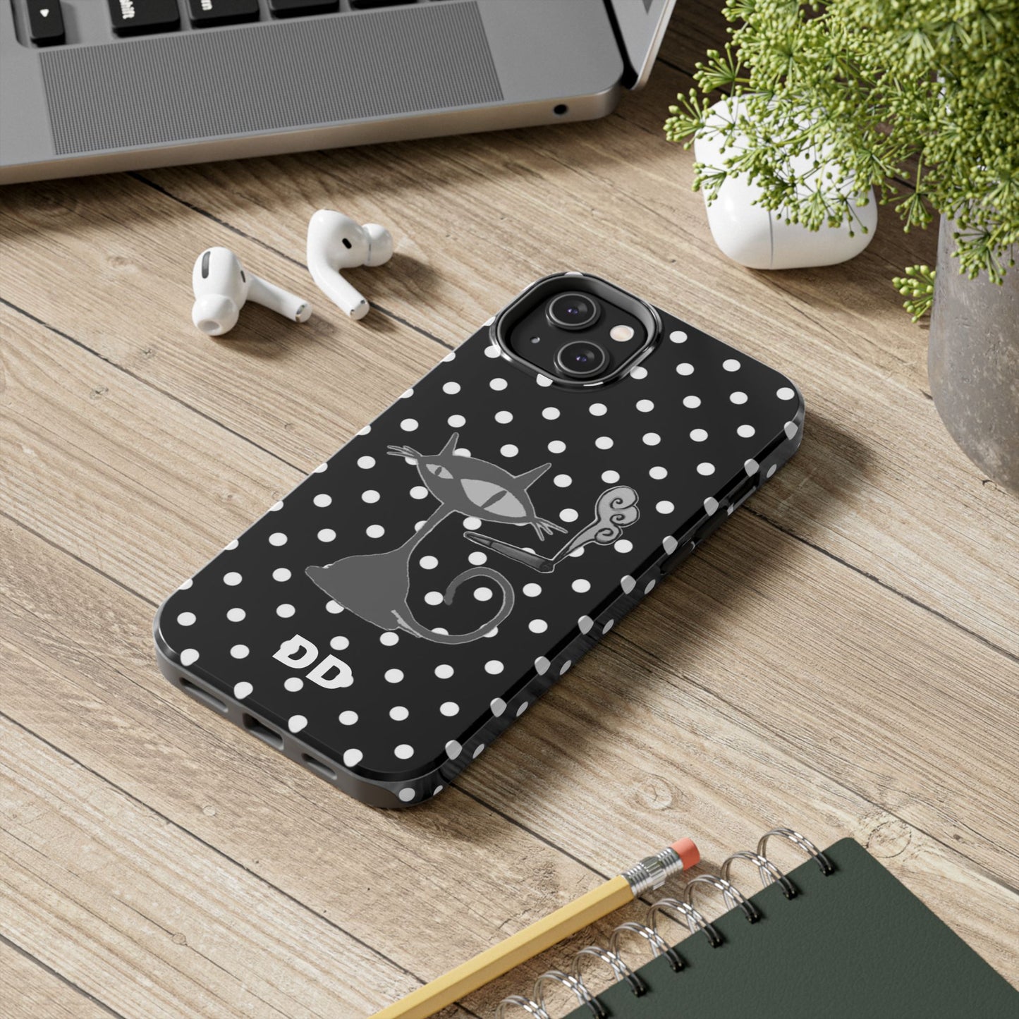 Le Cat Phone Case in Black & White Polka Dots