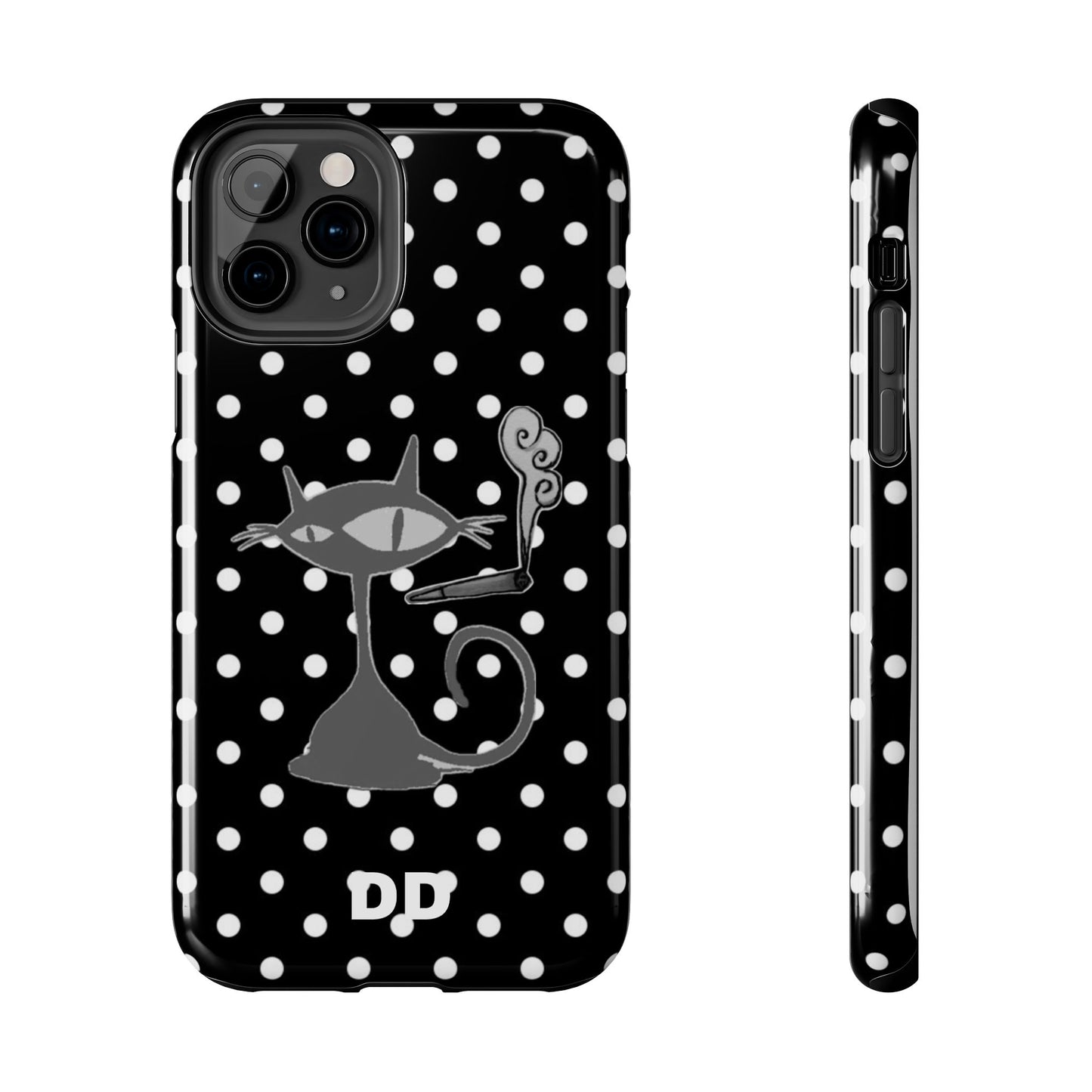 Le Cat Phone Case in Black & White Polka Dots