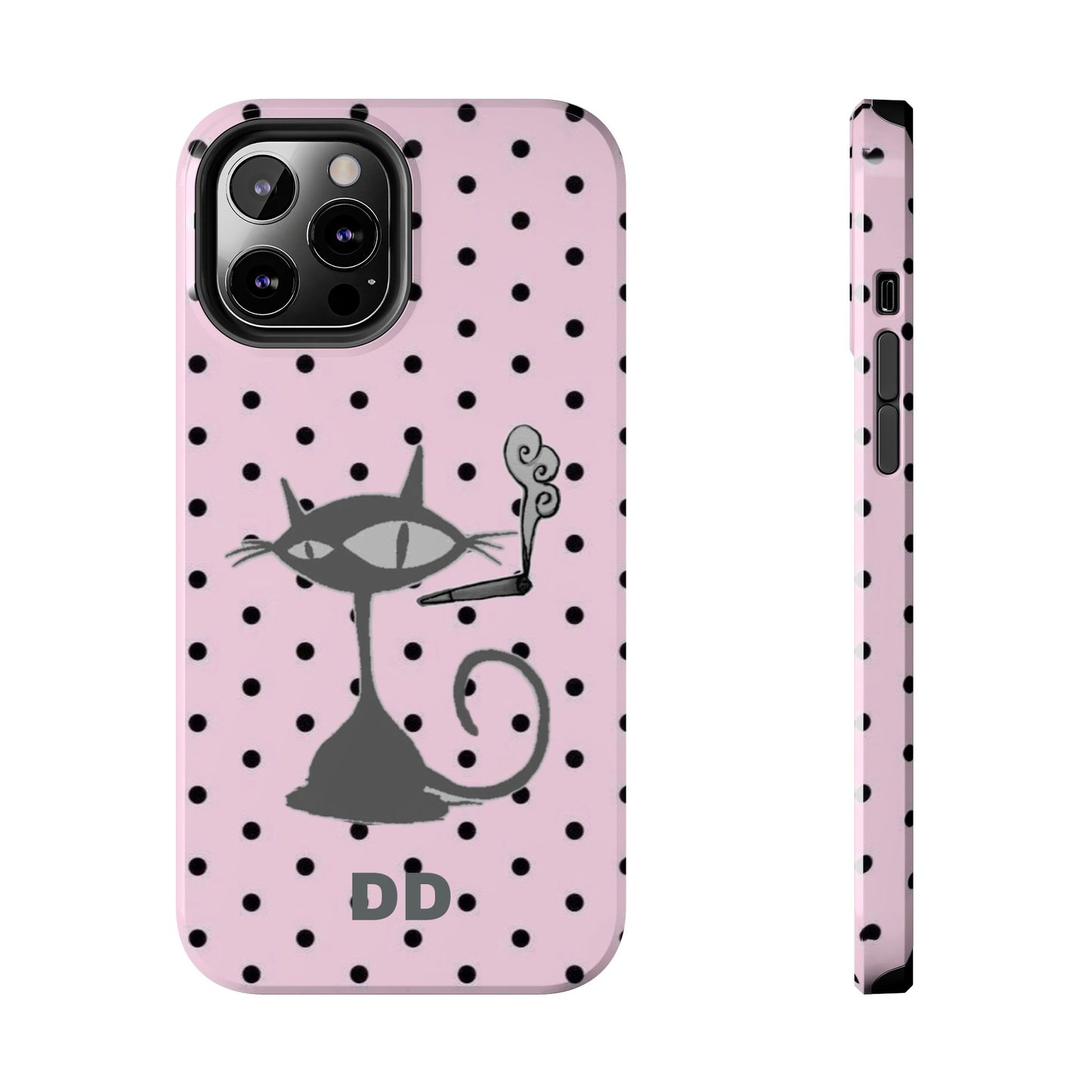 Le Cat Phone Case in Pink & Black Polka Dots