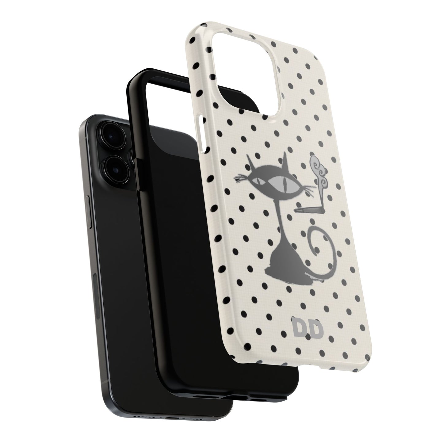 Le Cat Phone Case in Cream & Black Polka