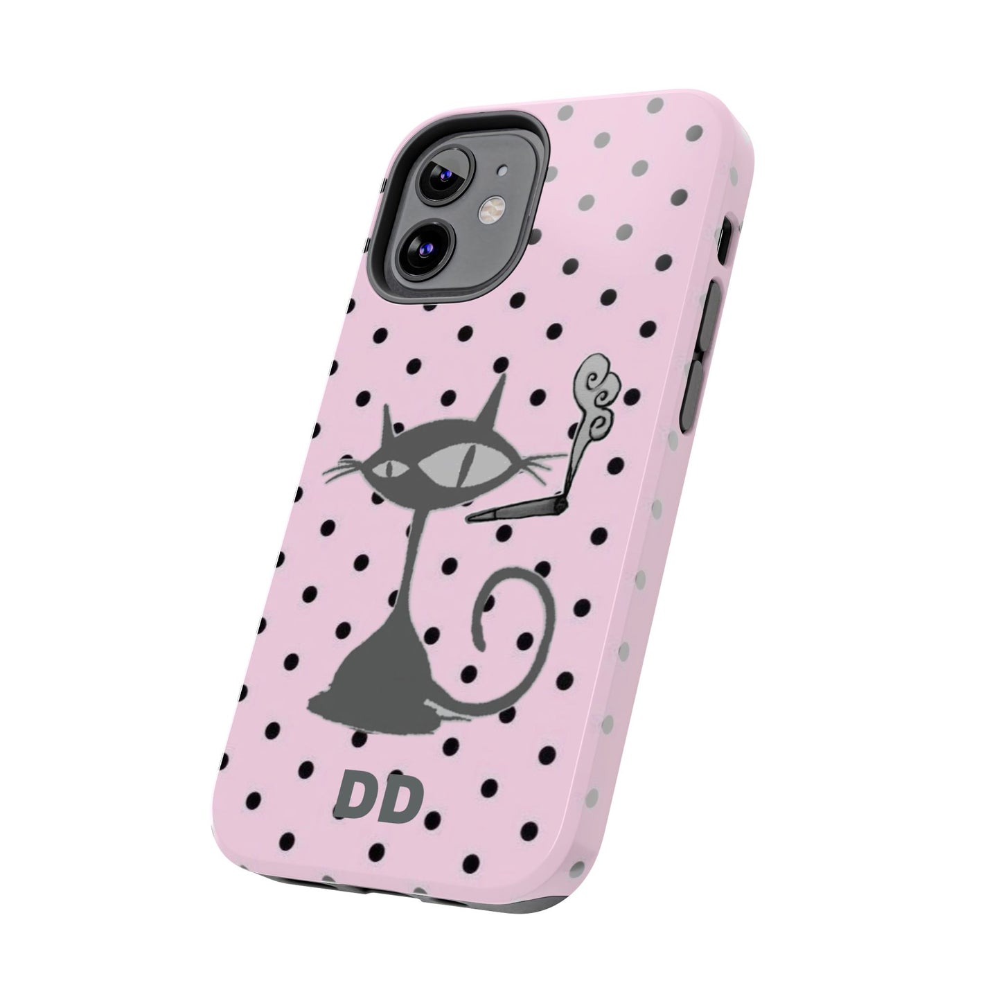 Le Cat Phone Case in Pink & Black Polka Dots
