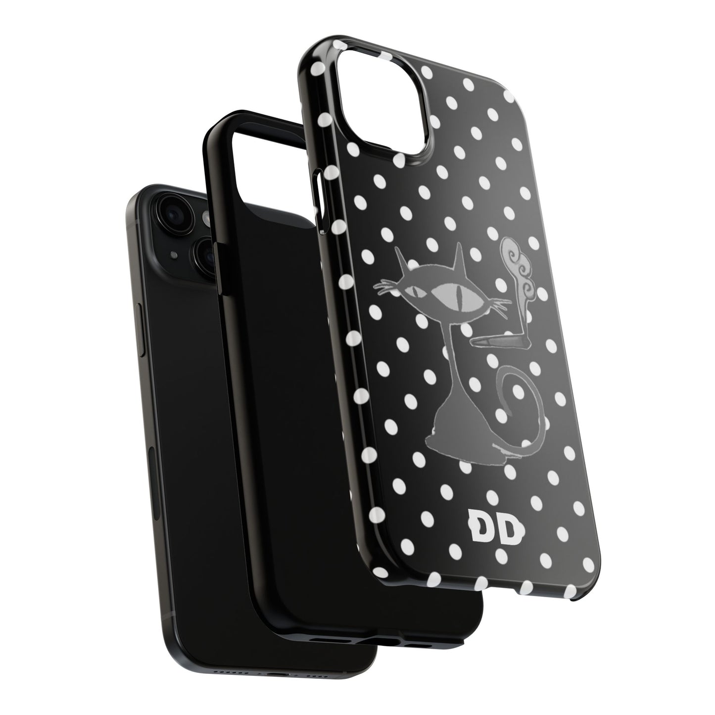 Le Cat Phone Case in Black & White Polka Dots