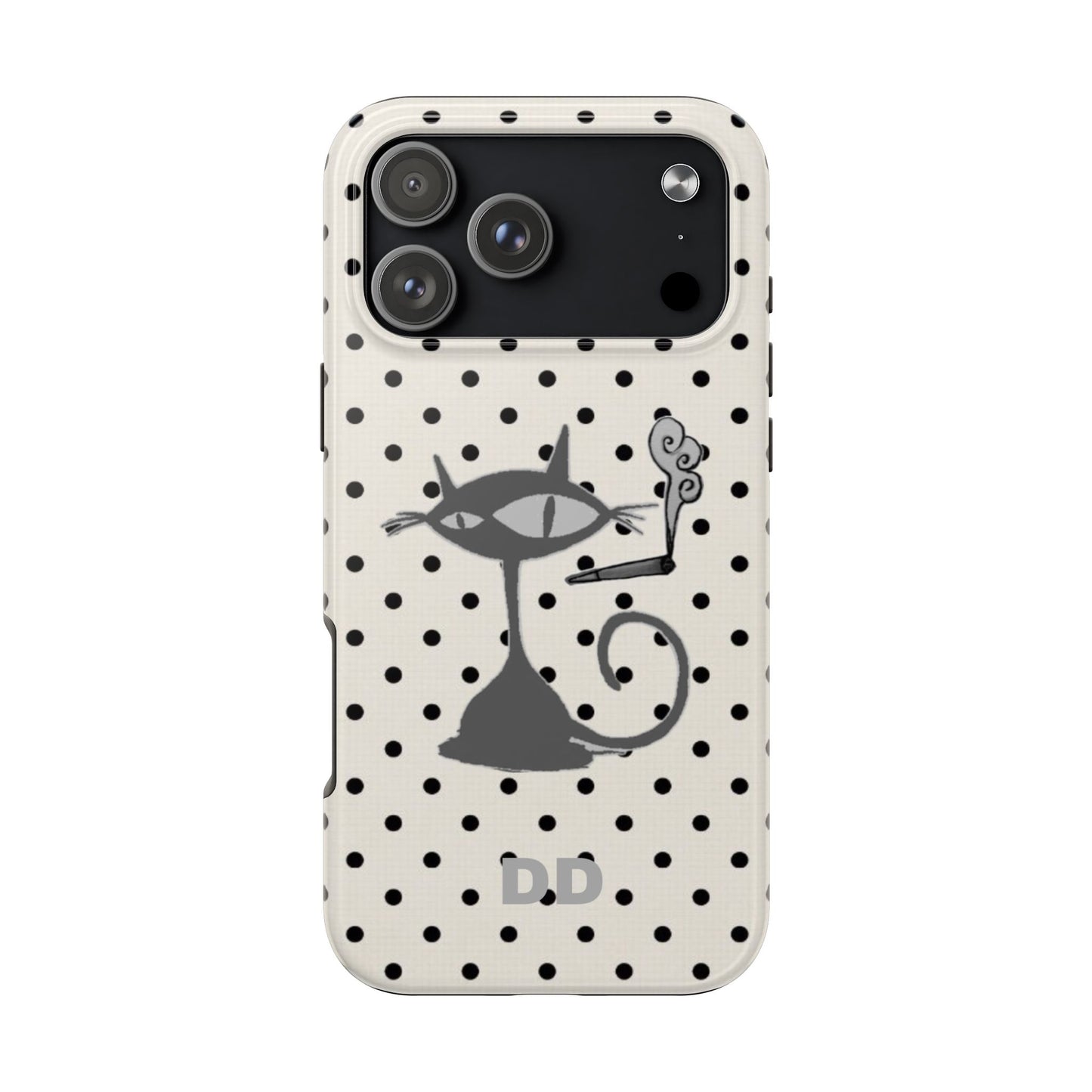 Le Cat Phone Case in Cream & Black Polka