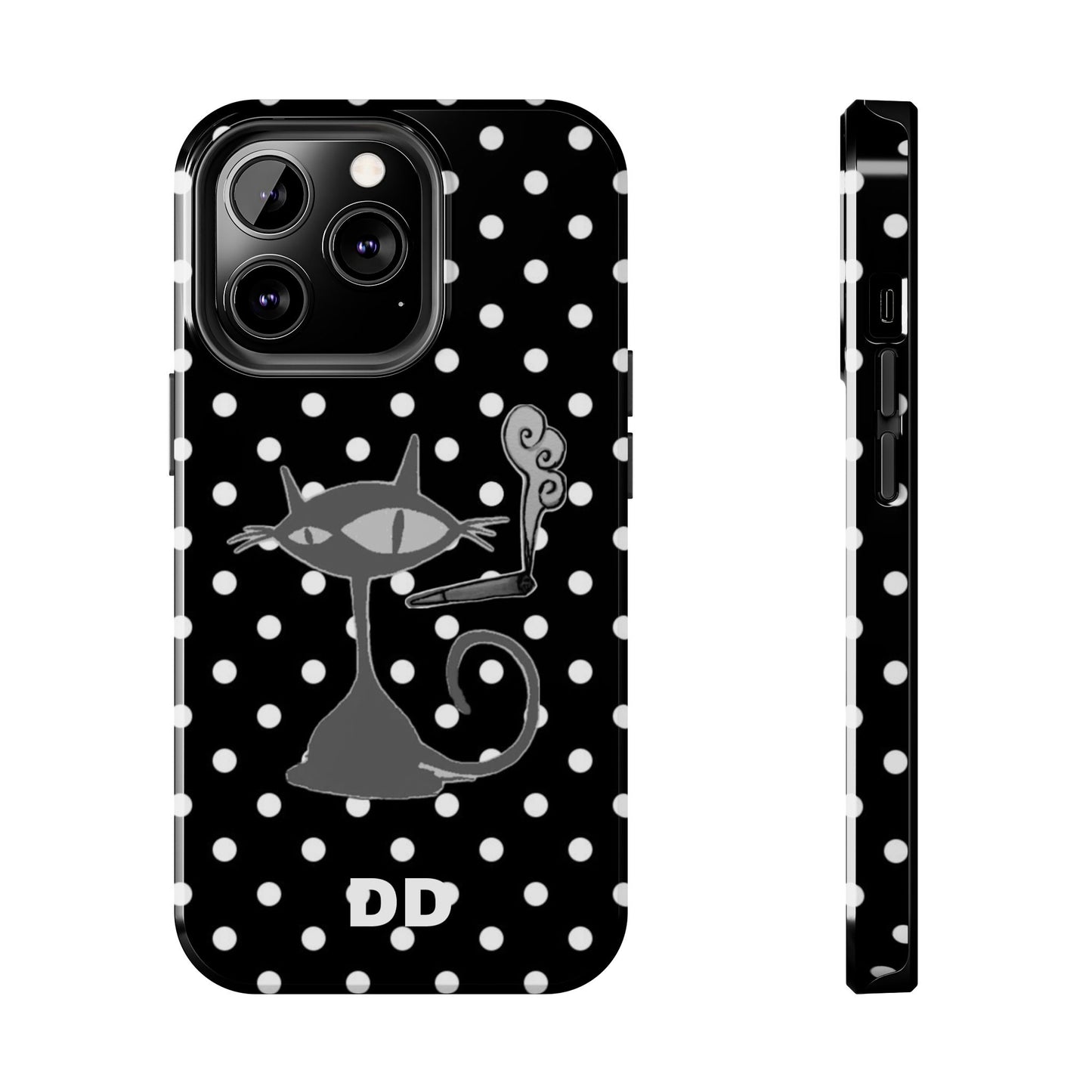 Le Cat Phone Case in Black & White Polka Dots