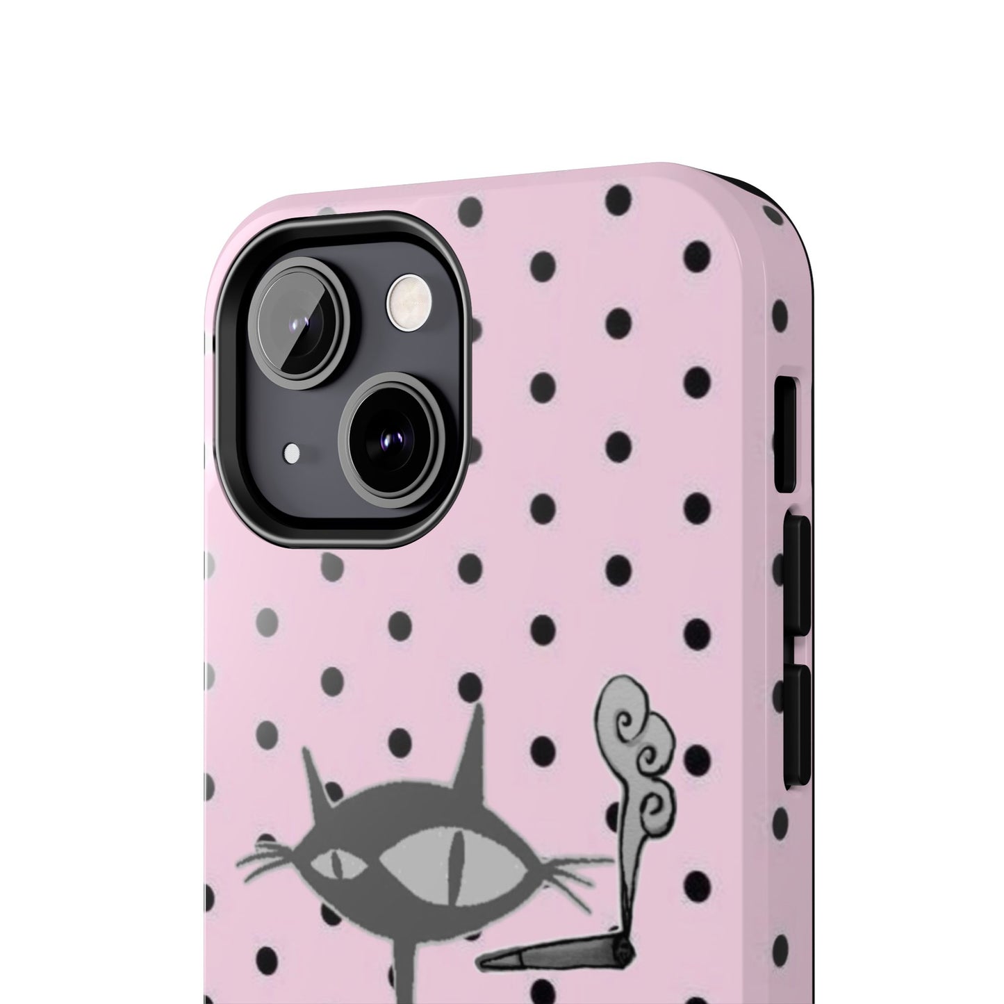Le Cat Phone Case in Pink & Black Polka Dots