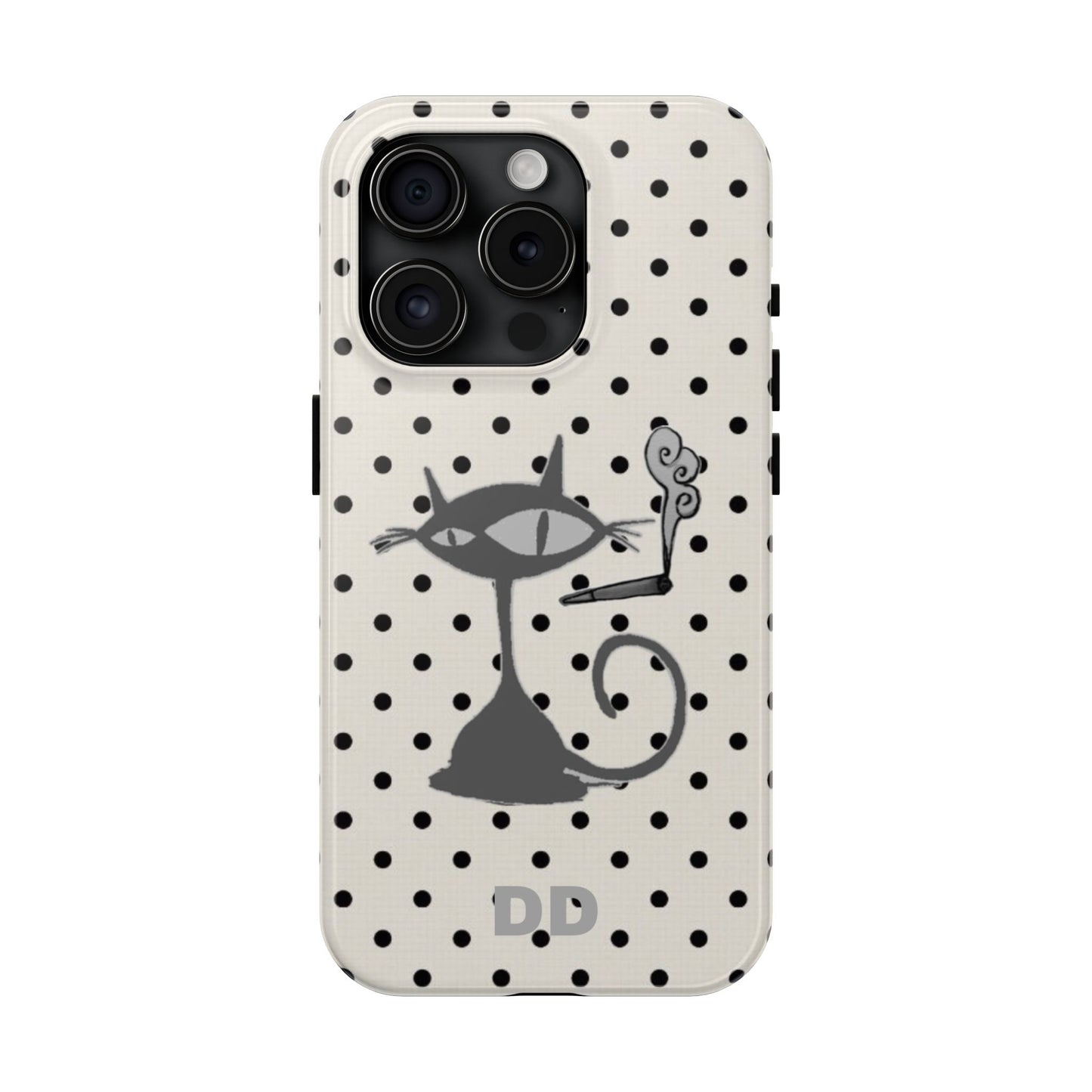 Le Cat Phone Case in Cream & Black Polka
