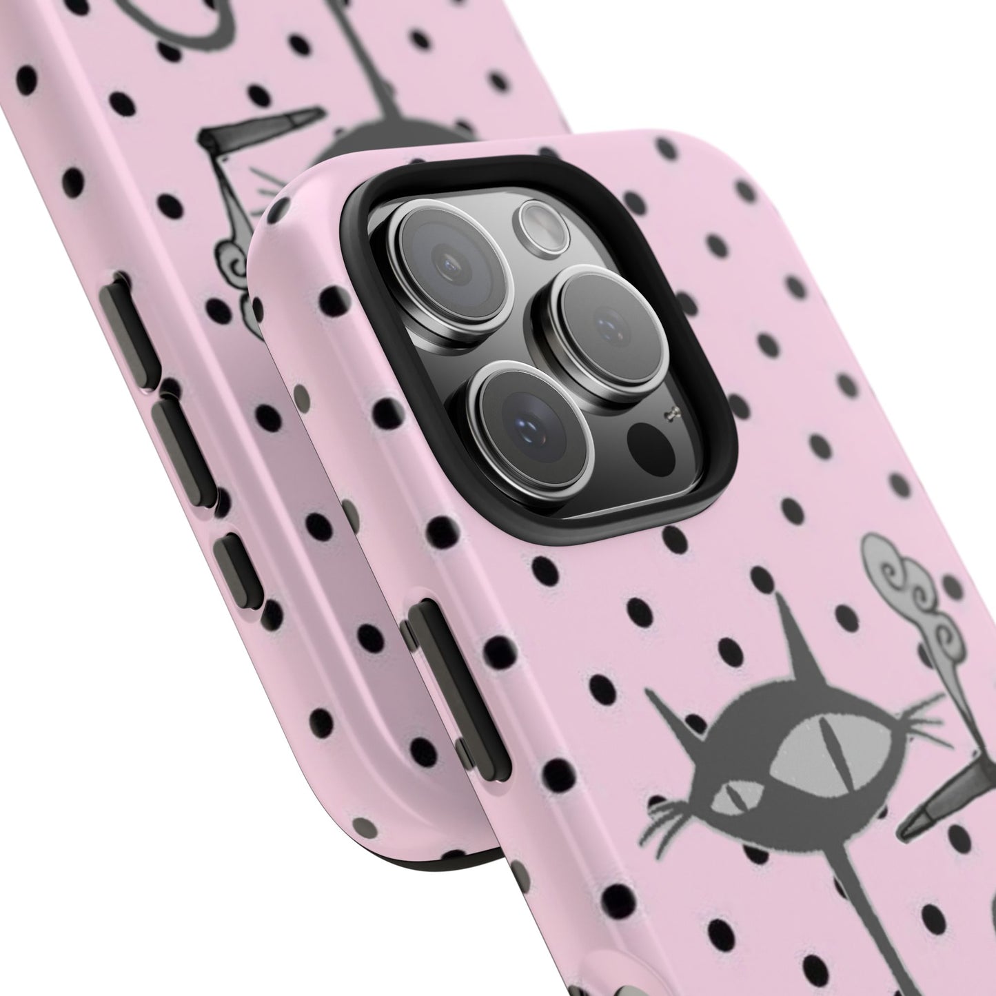 Le Cat Phone Case in Pink & Black Polka Dots