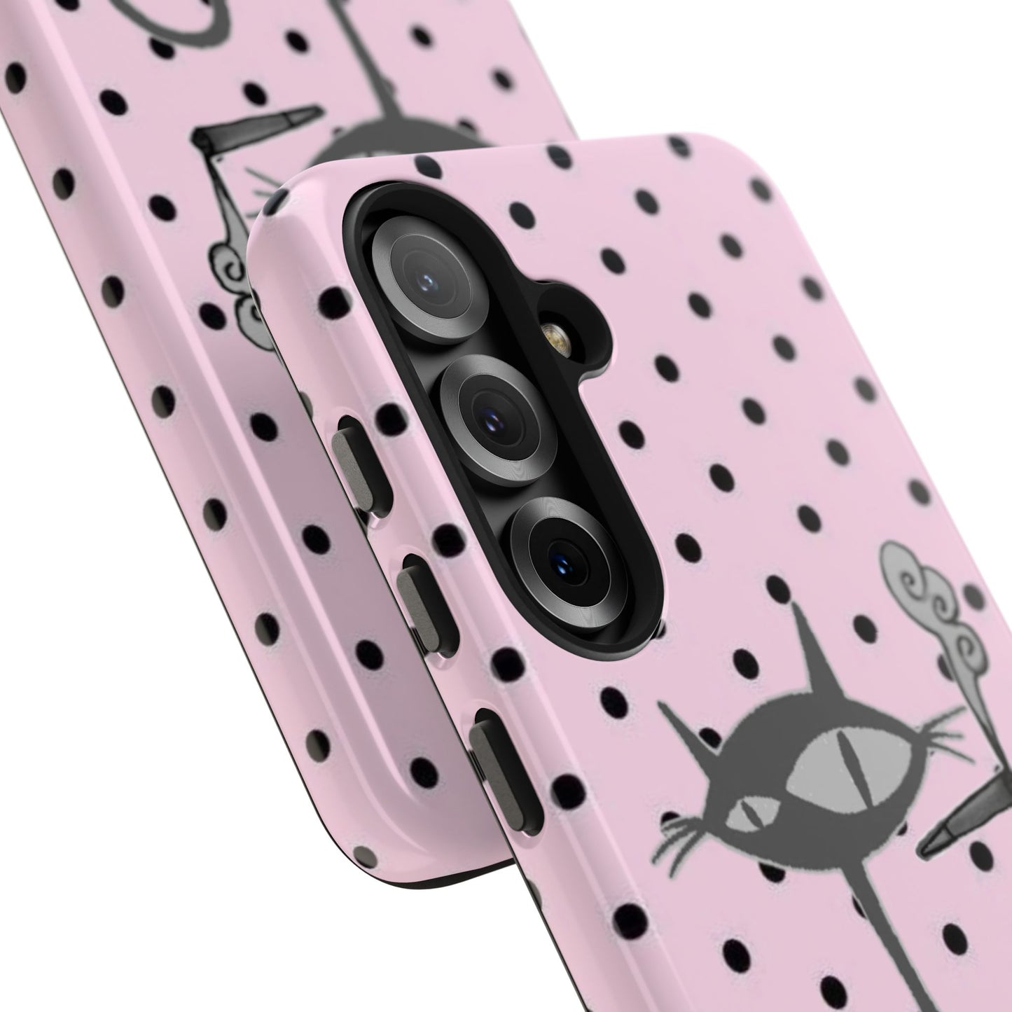 Le Cat Phone Case in Pink & Black Polka Dots