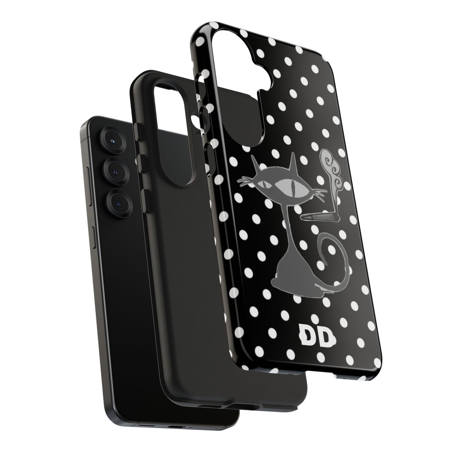 Le Cat Phone Case in Black & White Polka Dots
