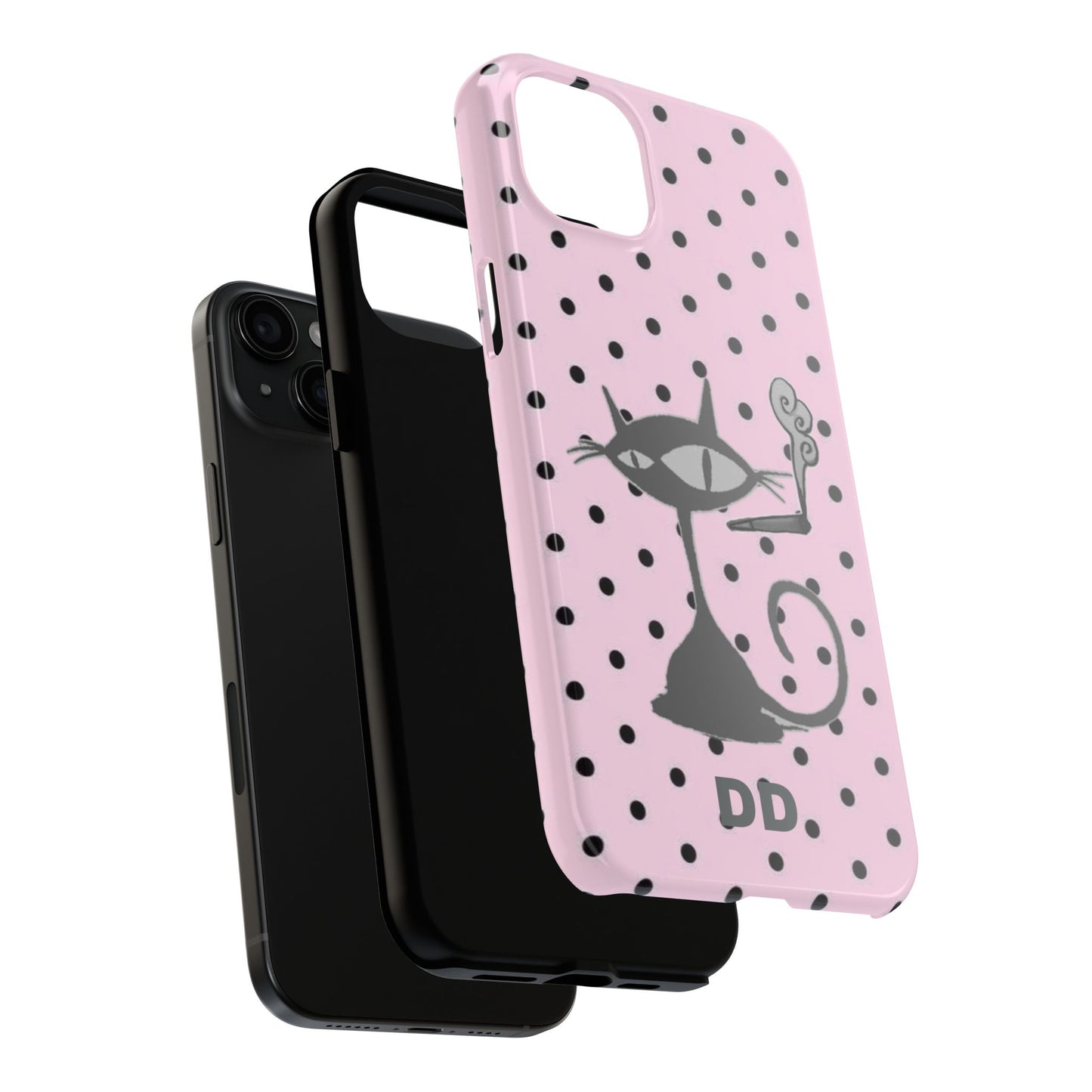 Le Cat Phone Case in Pink & Black Polka Dots