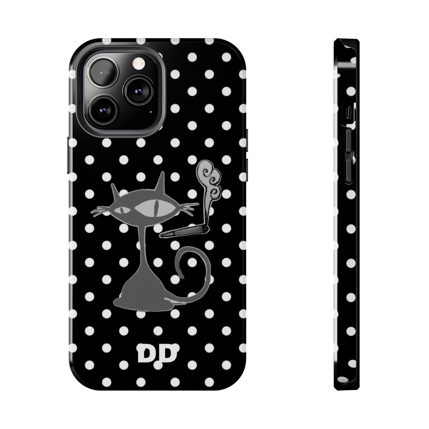 Le Cat Phone Case in Black & White Polka Dots