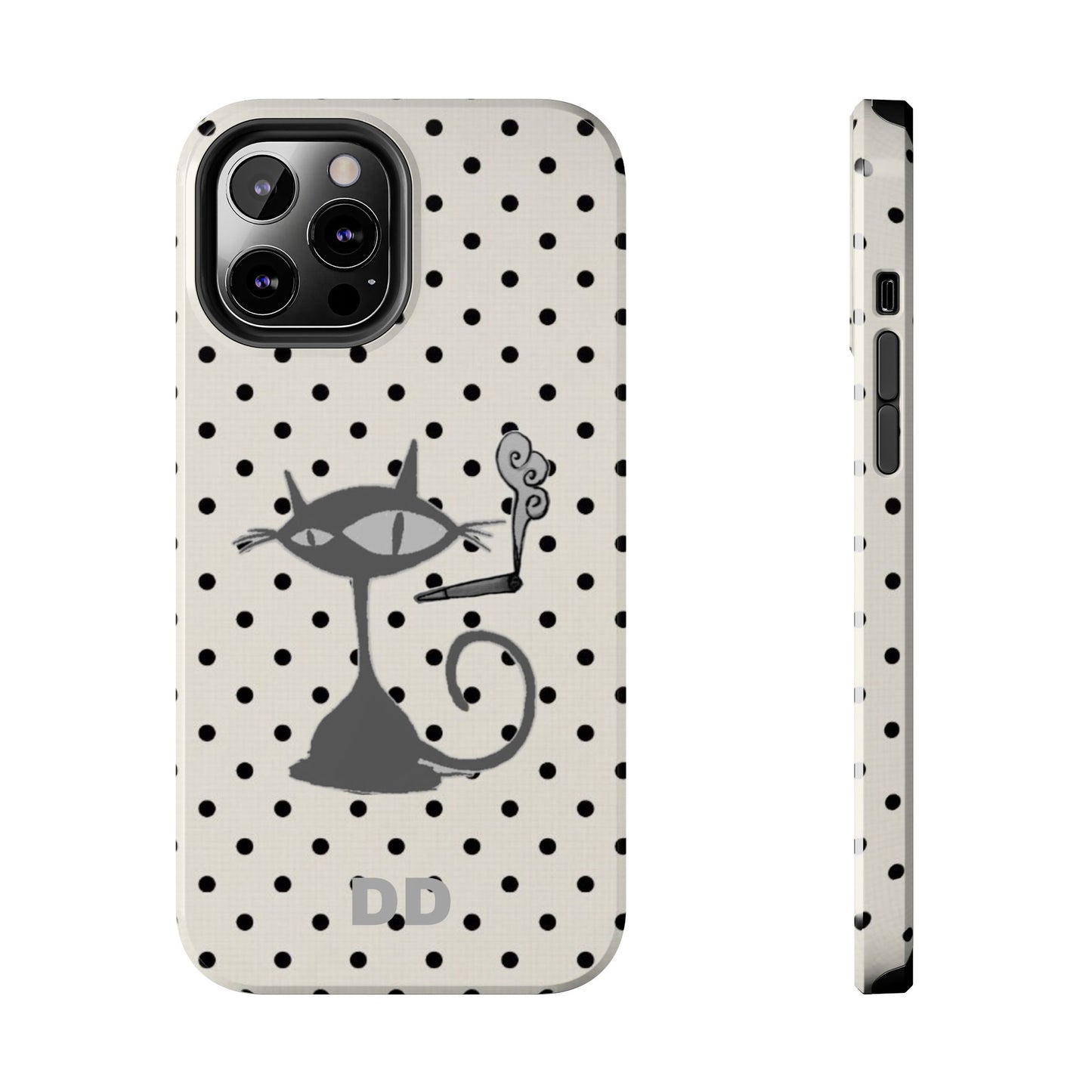 Le Cat Phone Case in Cream & Black Polka