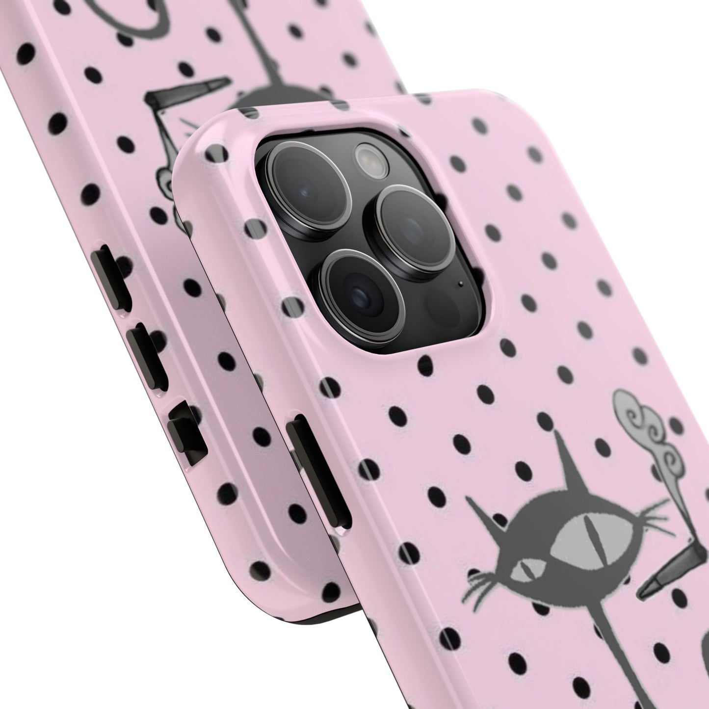 Le Cat Phone Case in Pink & Black Polka Dots