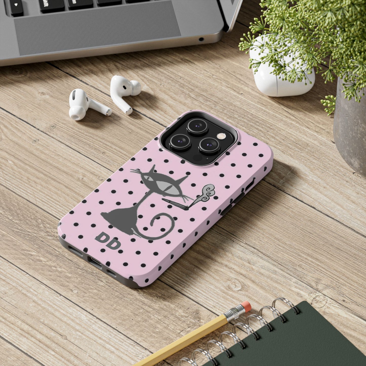 Le Cat Phone Case in Pink & Black Polka Dots