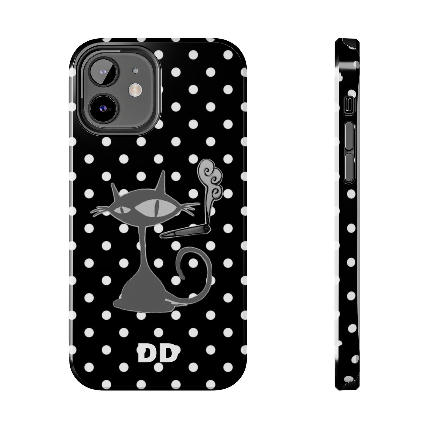 Le Cat Phone Case in Black & White Polka Dots