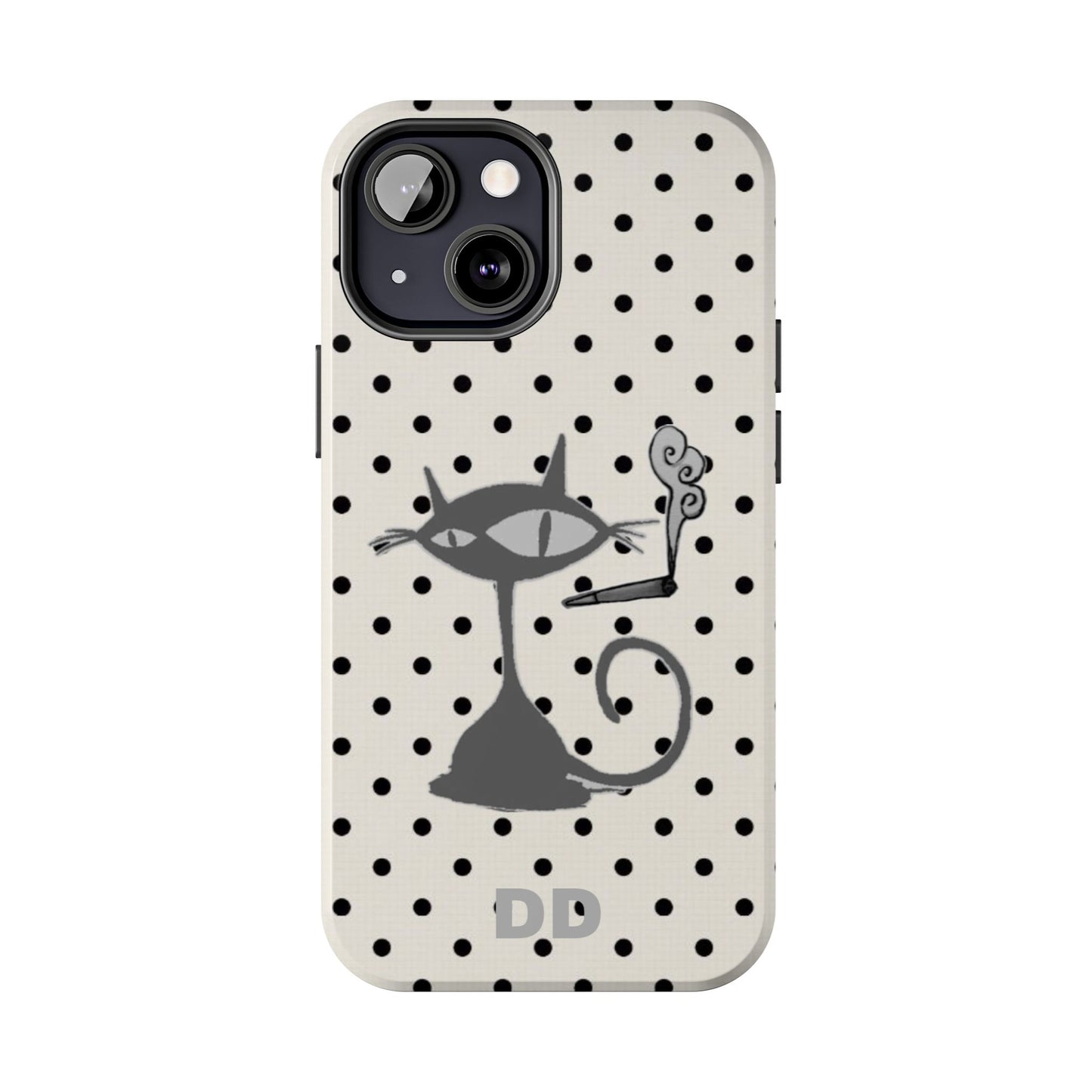 Le Cat Phone Case in Cream & Black Polka