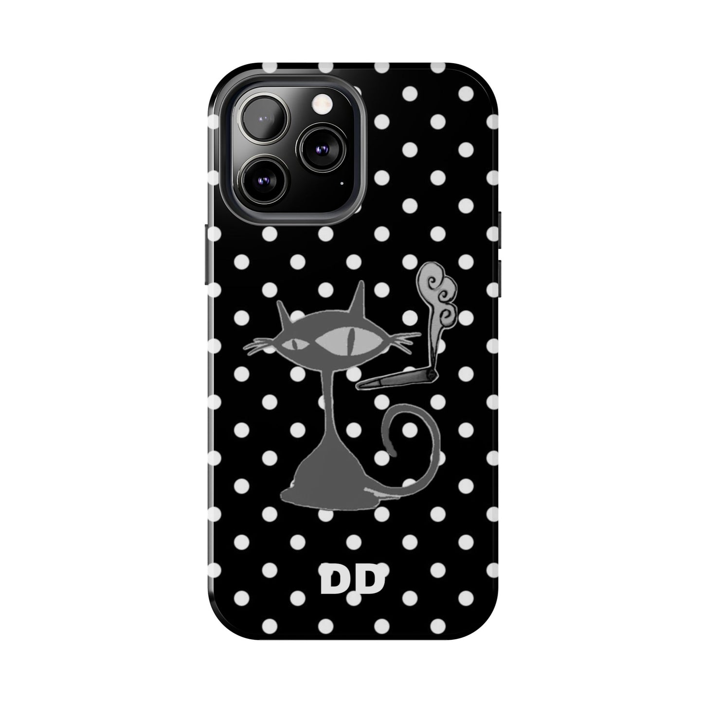 Le Cat Phone Case in Black & White Polka Dots
