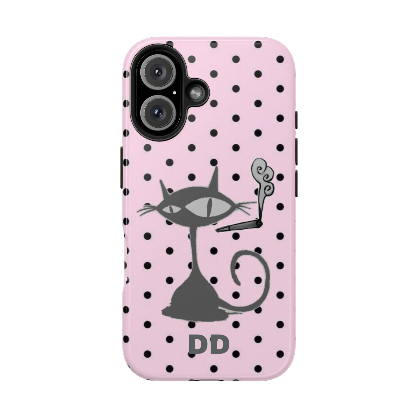 Le Cat Phone Case in Pink & Black Polka Dots