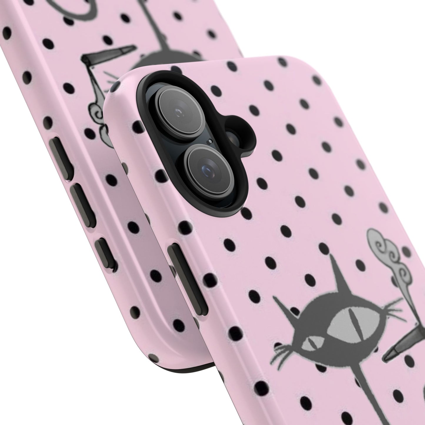 Le Cat Phone Case in Pink & Black Polka Dots