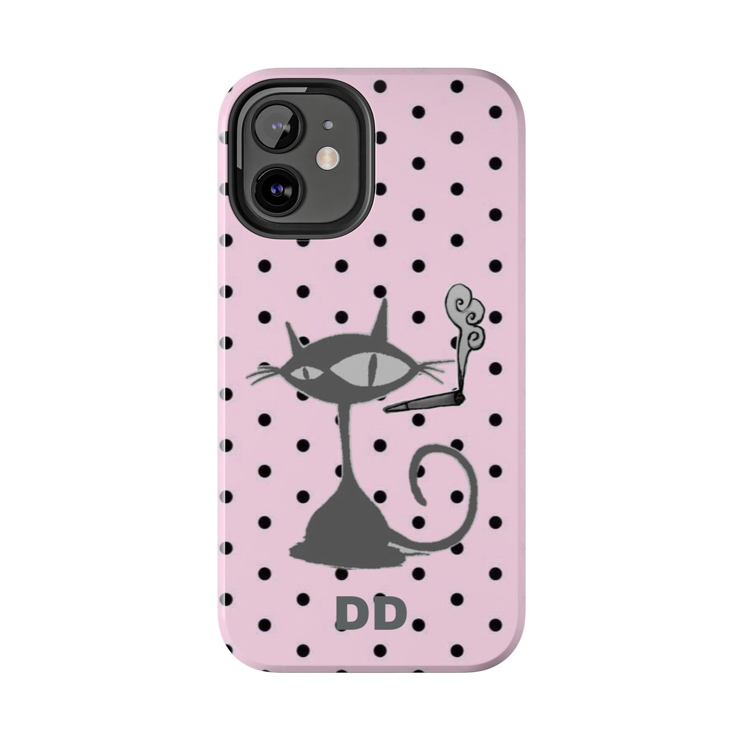 Le Cat Phone Case in Pink & Black Polka Dots