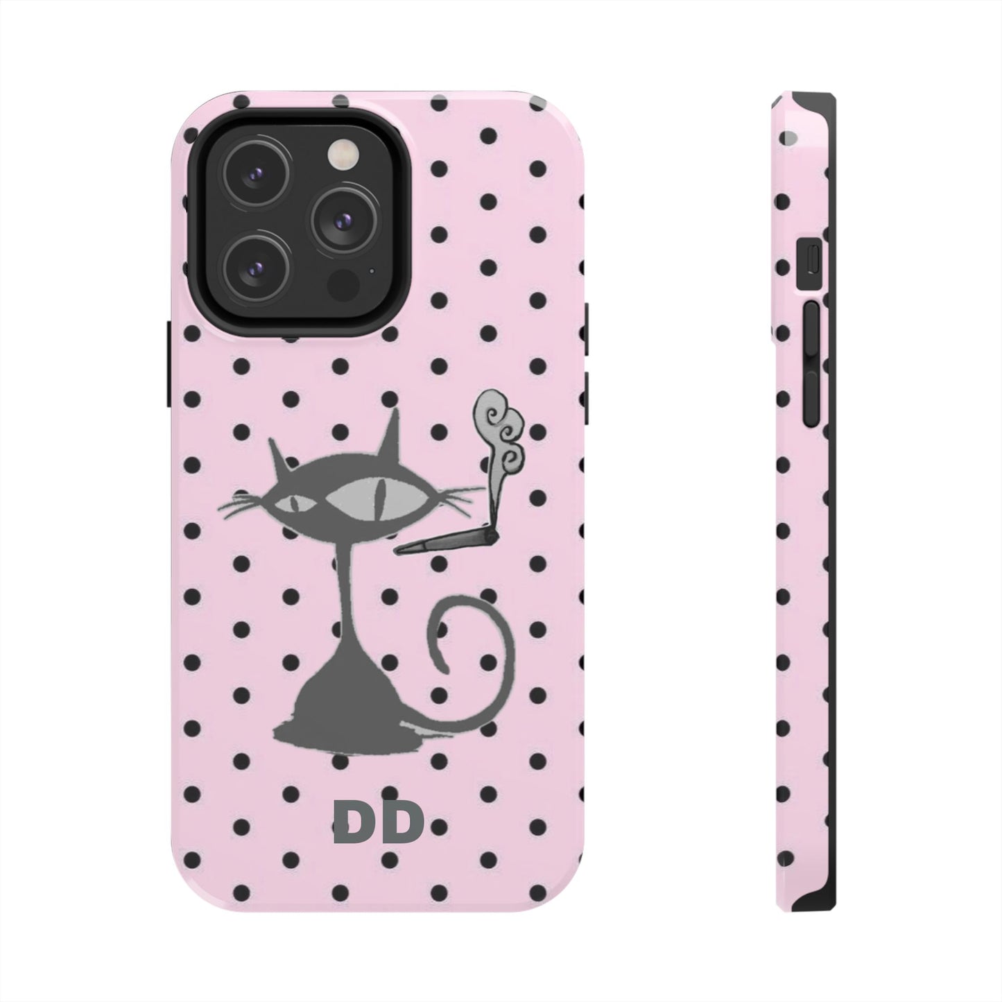 Le Cat Phone Case in Pink & Black Polka Dots