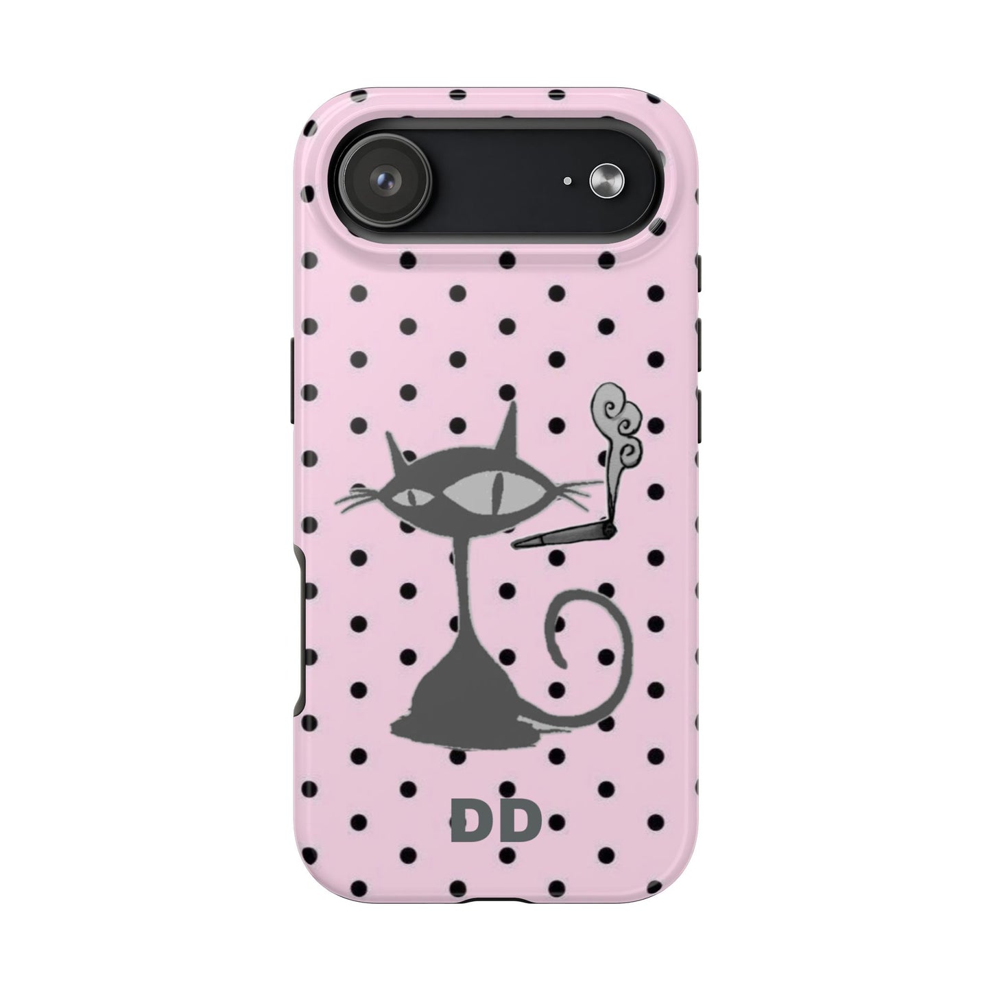 Le Cat Phone Case in Pink & Black Polka Dots