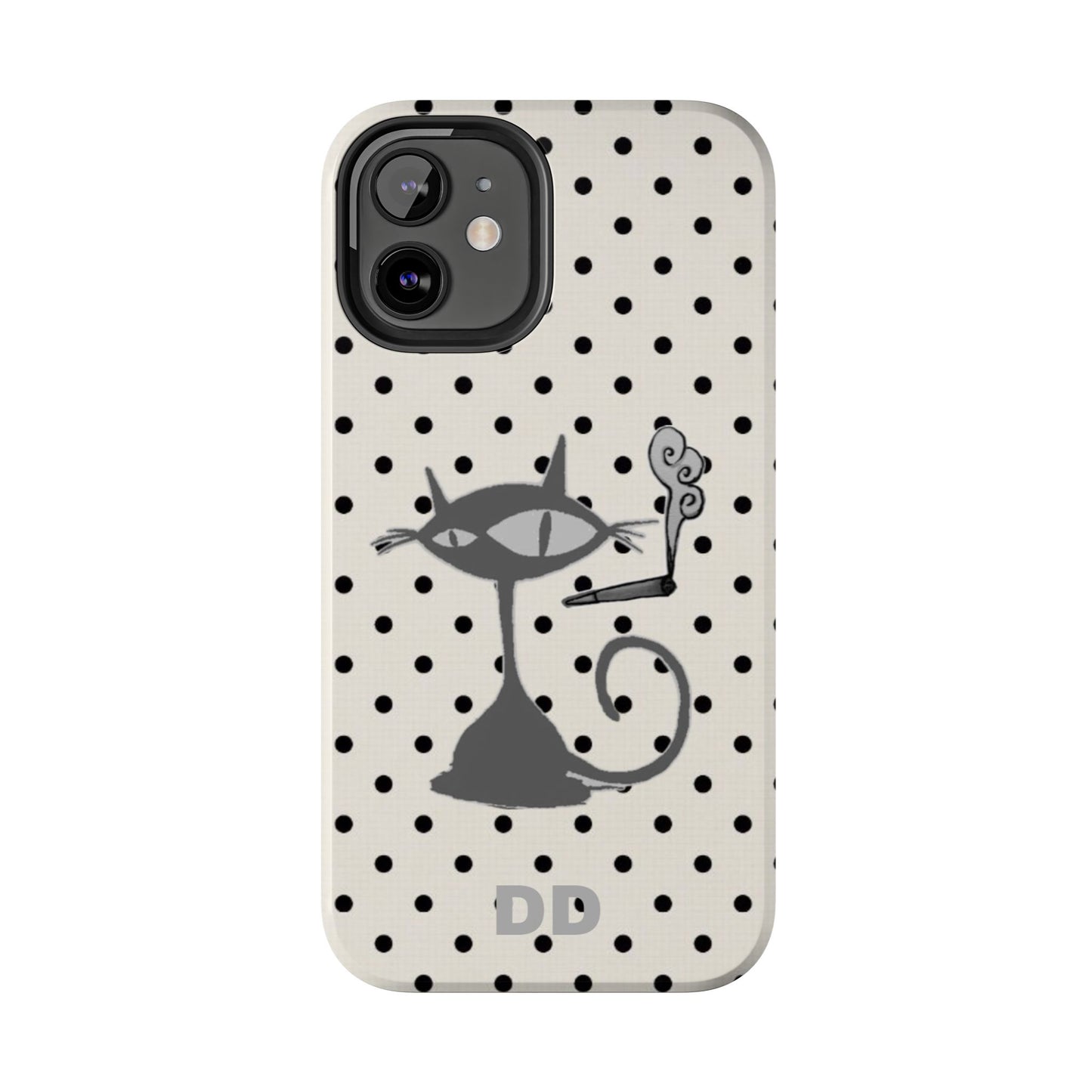 Le Cat Phone Case in Cream & Black Polka