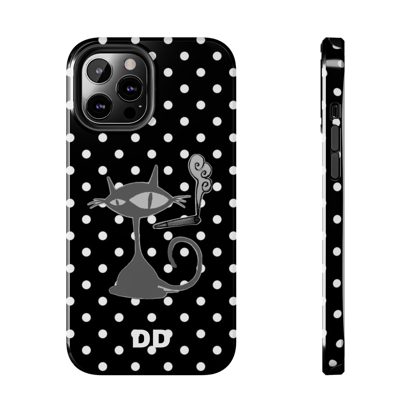 Le Cat Phone Case in Black & White Polka Dots