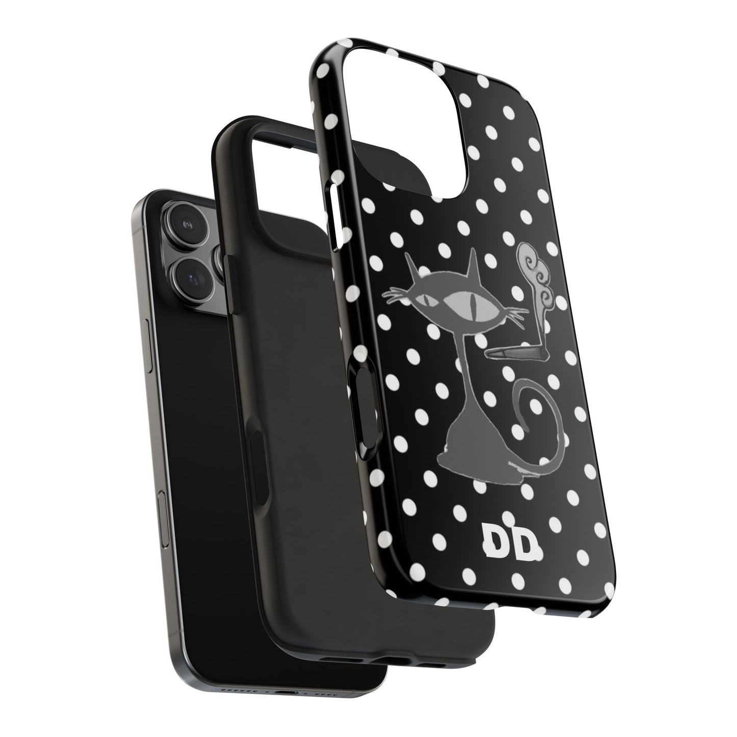 Le Cat Phone Case in Black & White Polka Dots