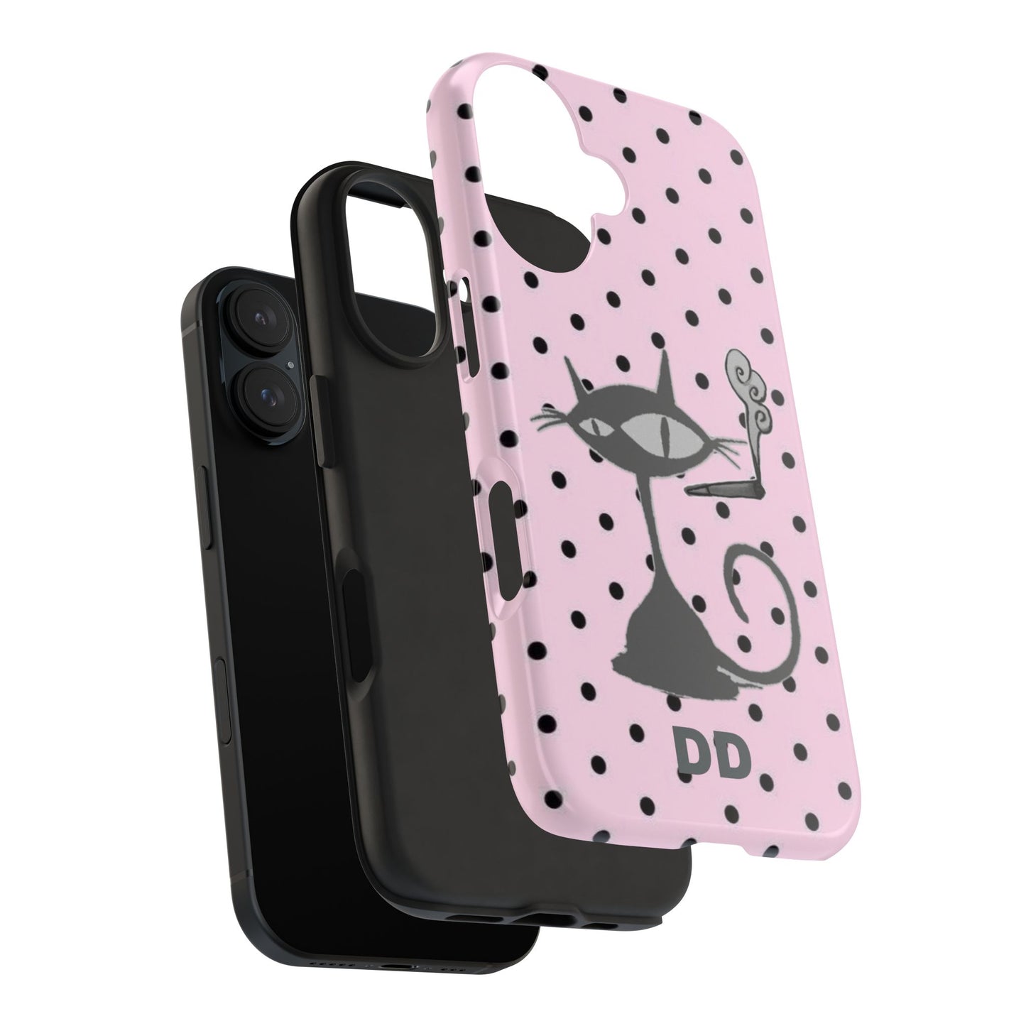 Le Cat Phone Case in Pink & Black Polka Dots