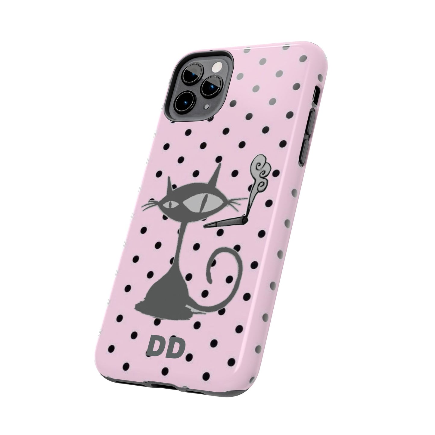 Le Cat Phone Case in Pink & Black Polka Dots